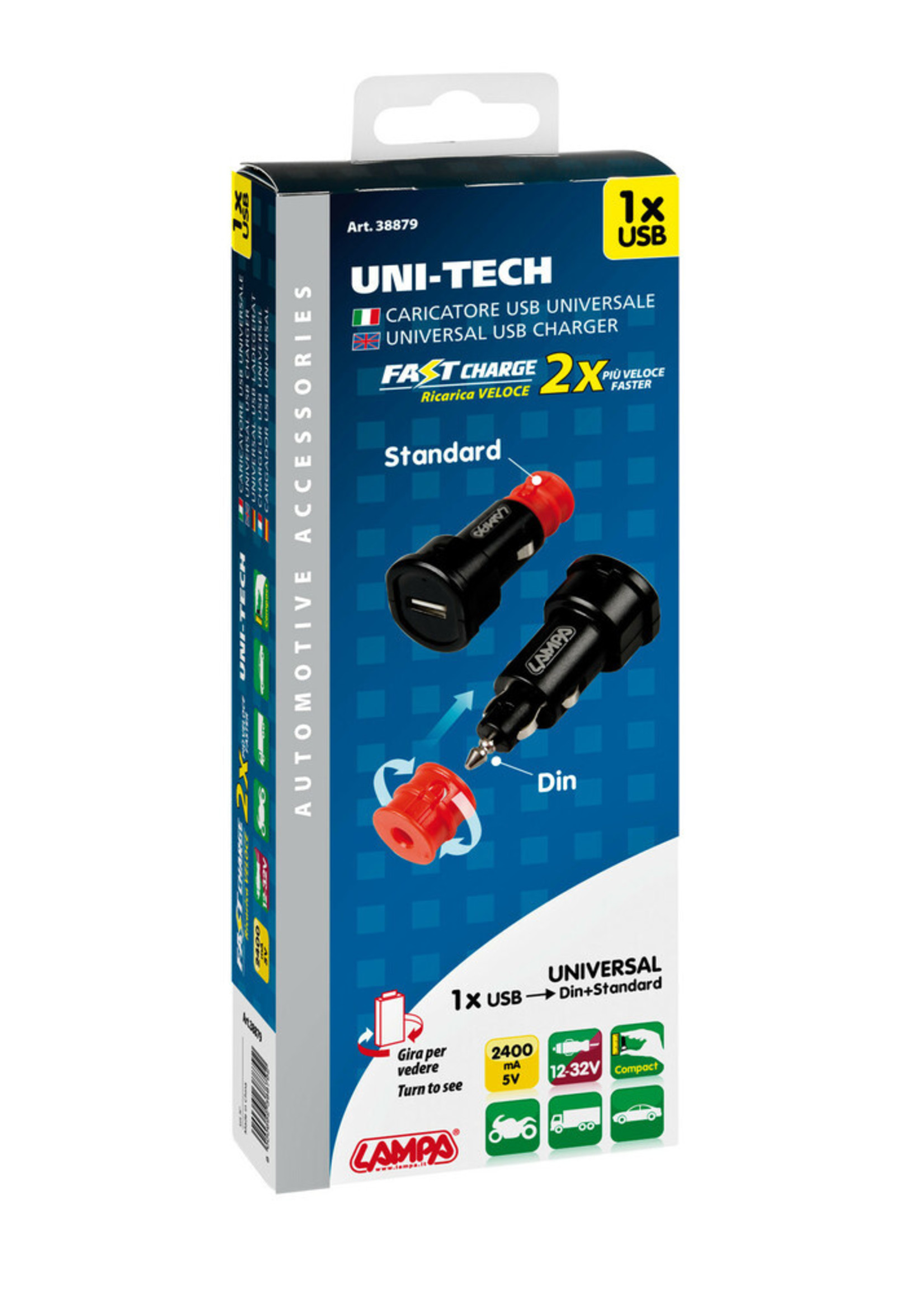 Optiline Uni-Tech, 1 Usb port universal charger - Fast Charge - 2400 mA - 12/32V