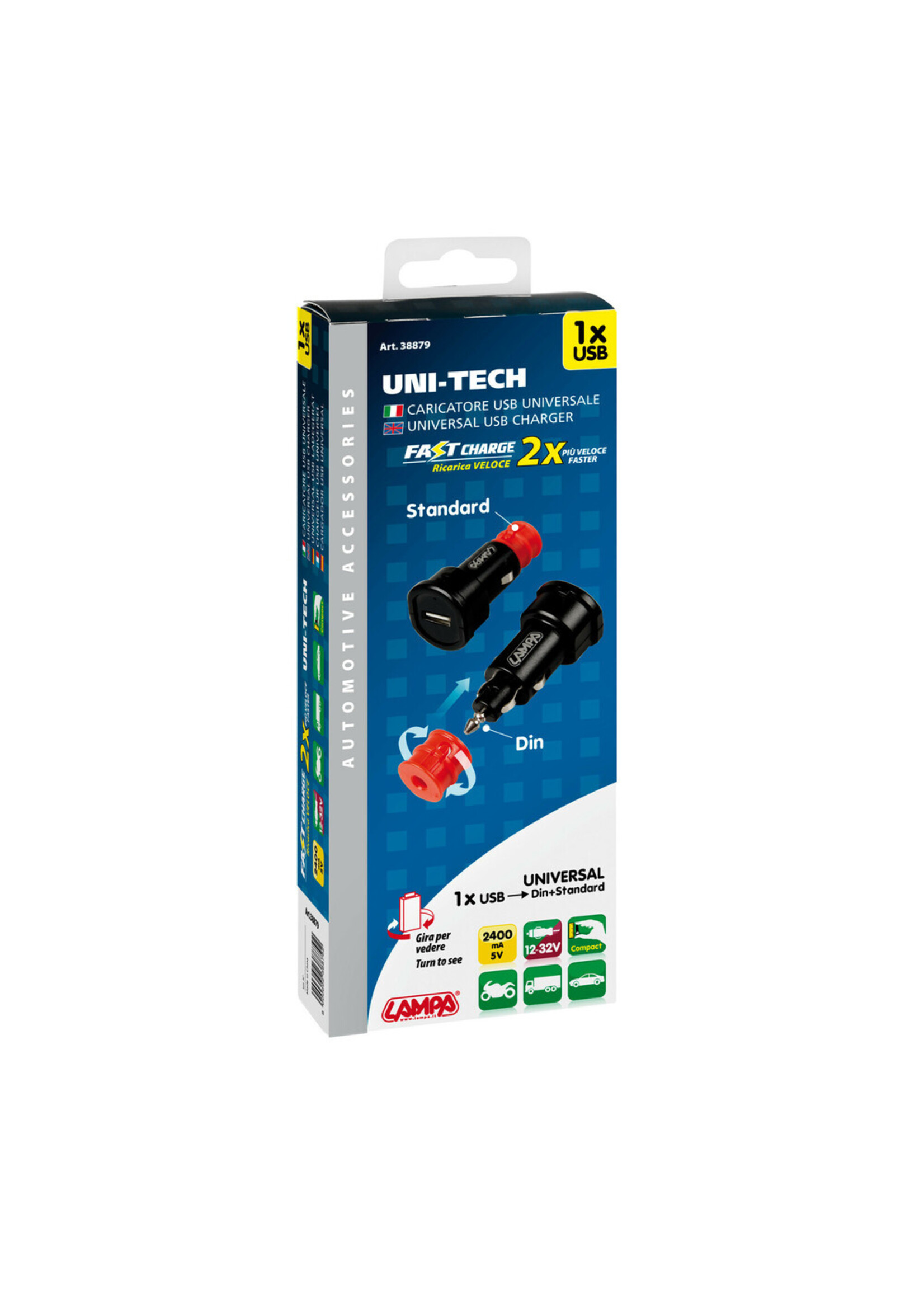 Optiline Uni-Tech, 1 Usb poort universele lader - Fast Charge - 2400 mA - 12/32V