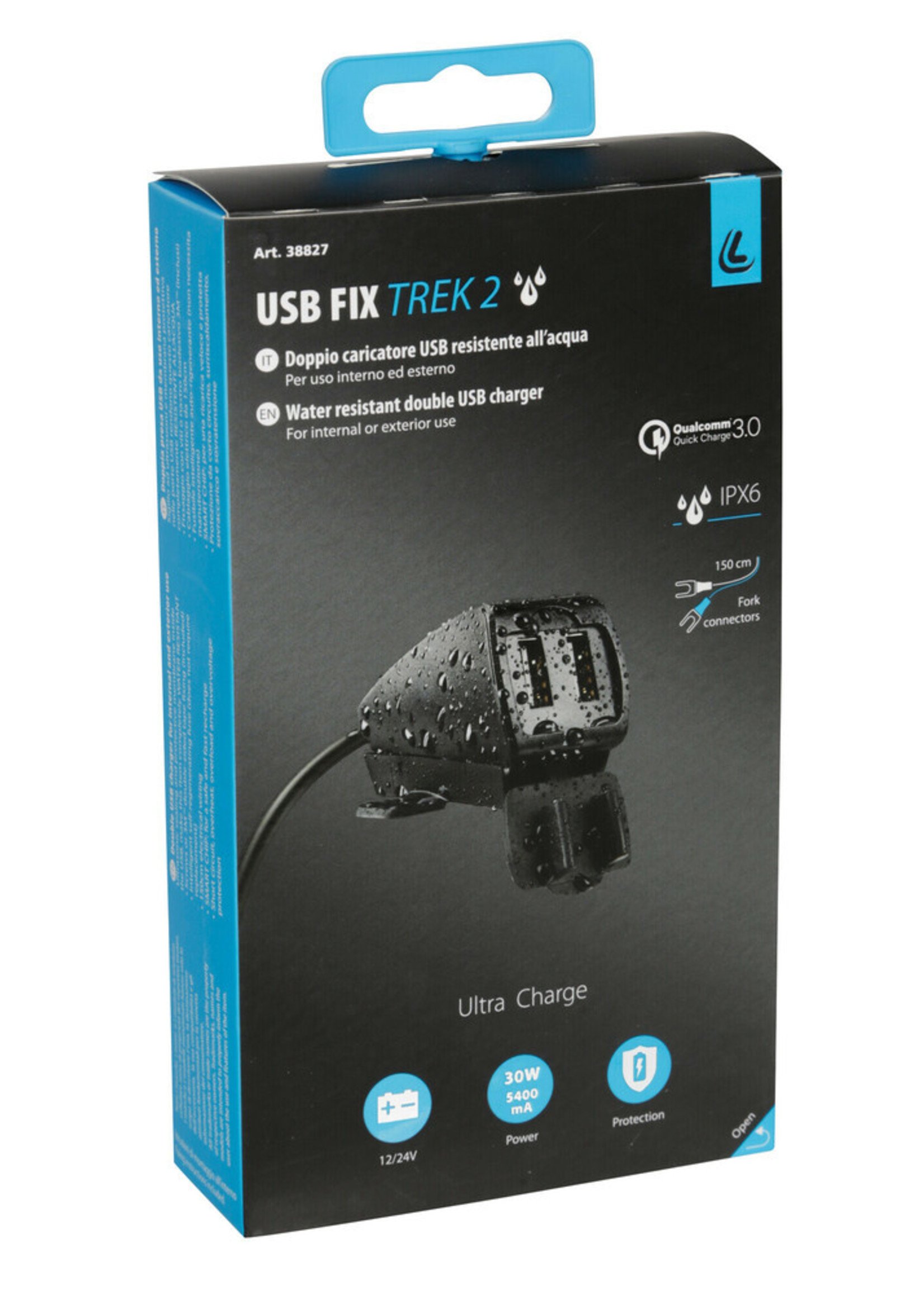 Optiline Usb-Fix Trek 2, regenbestendige dubbele usb-oplader, schroeven of dubbelzijdige tape bevestiging - Ultra Fast Charge - 5400 mA - 12/24V