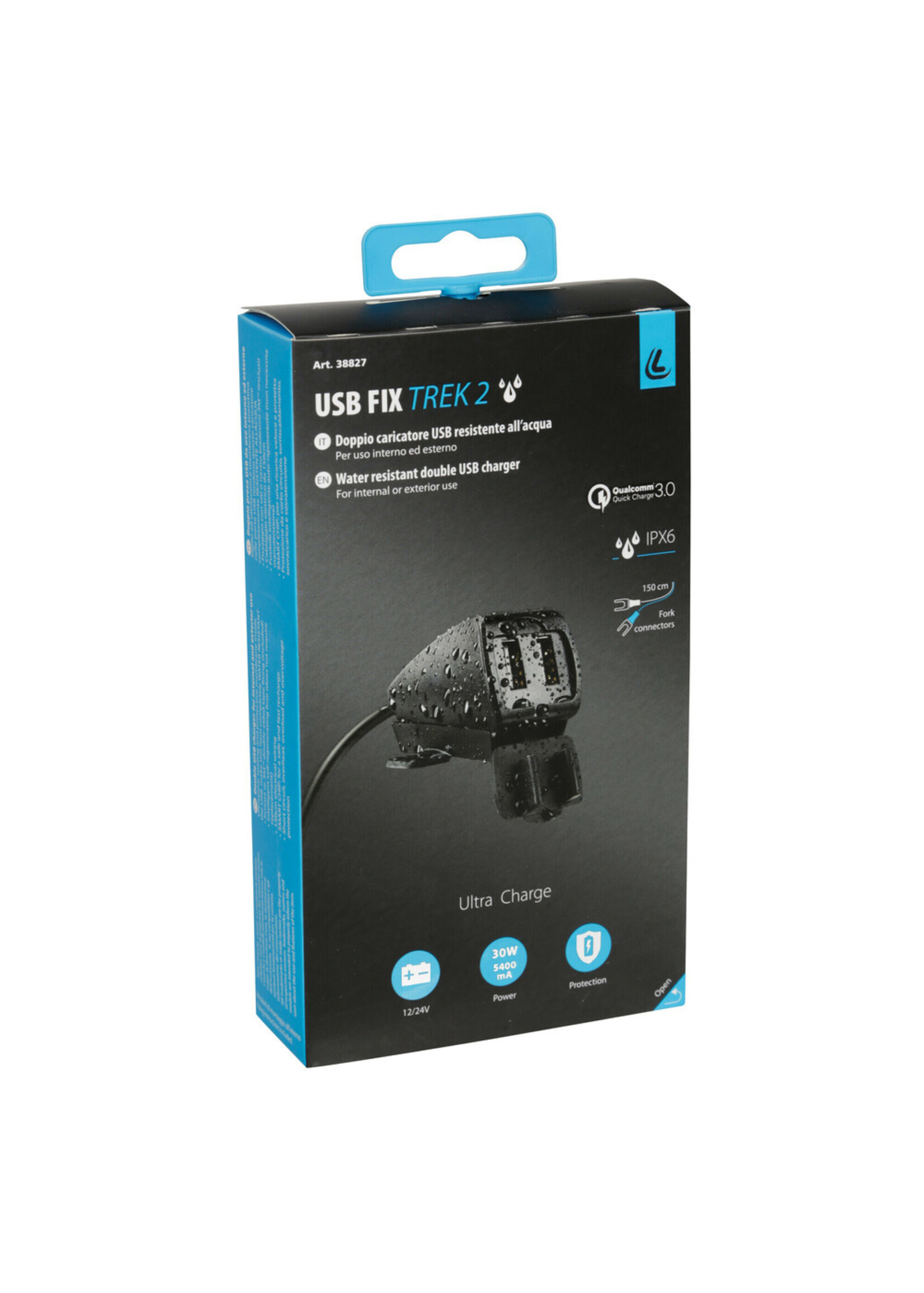 Optiline Usb-Fix Trek 2, regenbestendige dubbele usb-oplader, schroeven of dubbelzijdige tape bevestiging - Ultra Fast Charge - 5400 mA - 12/24V