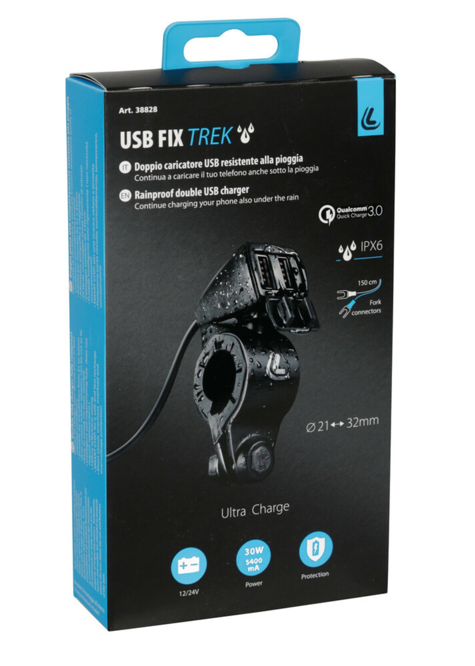 Optiline Usb-Fix Trek, rainproof double USB charger, handlebar fixing - Ultra Fast Charge - 5400 mA - 12/24V