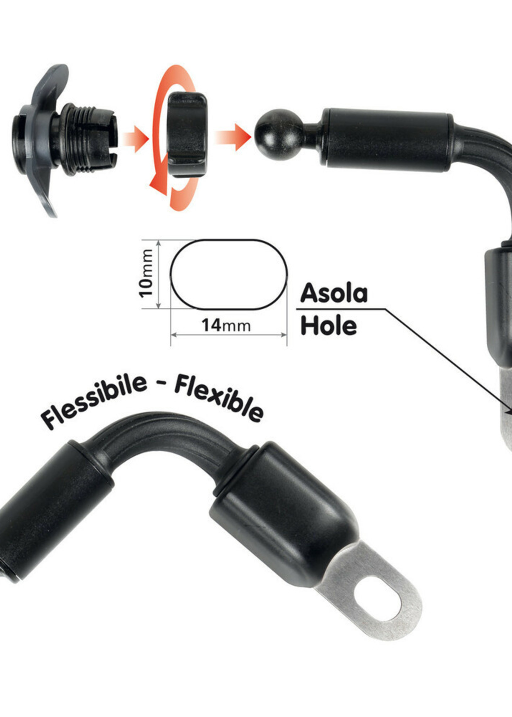 Optiline Arm, mirror and screw mount with flexible arm and hole