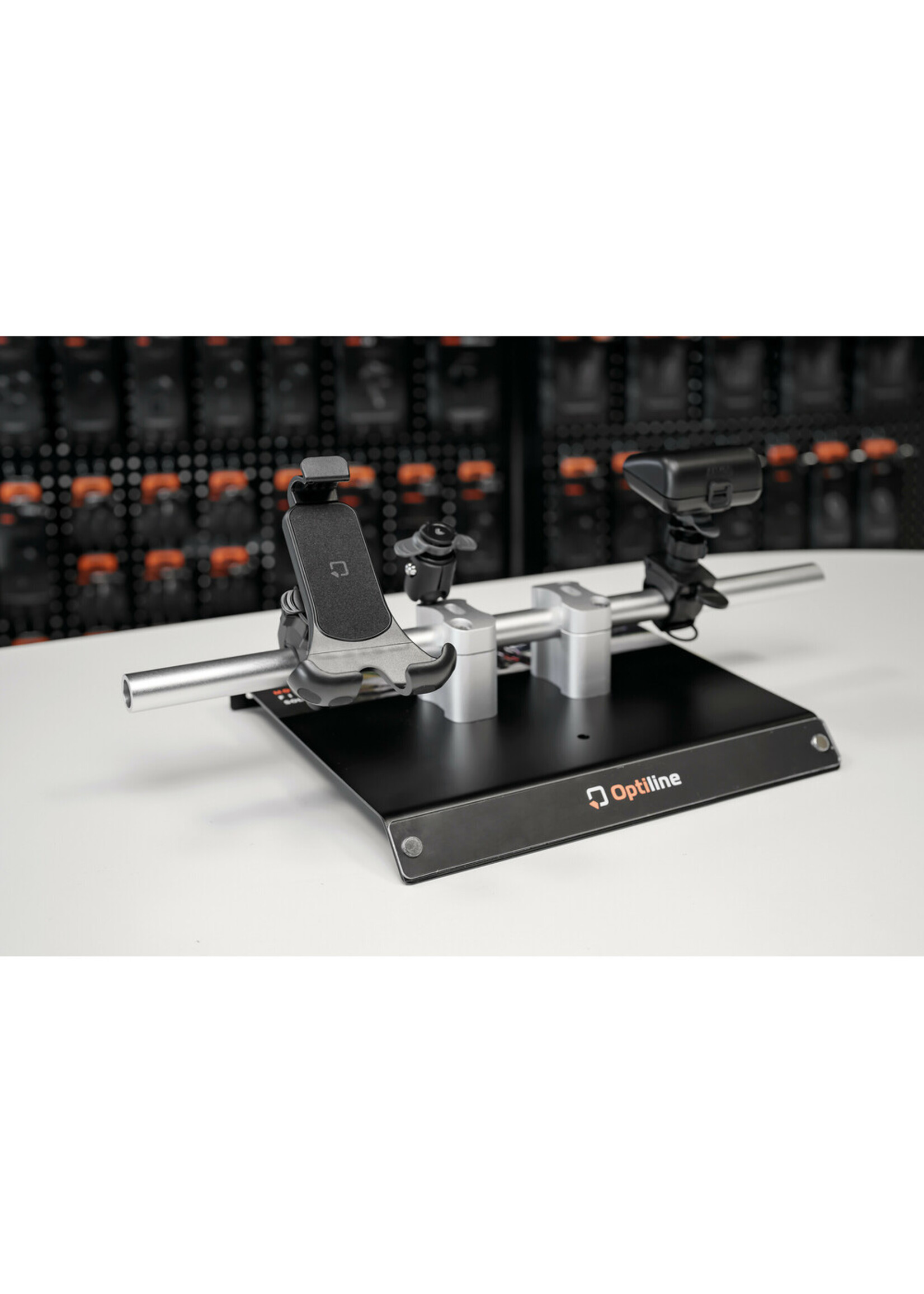 Optiline Bench display, handlebar with riser for motorcycle products exposure