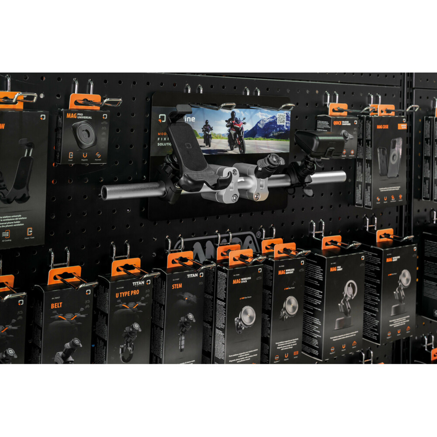 Optiline Bench display, handlebar with riser for motorcycle products exposure