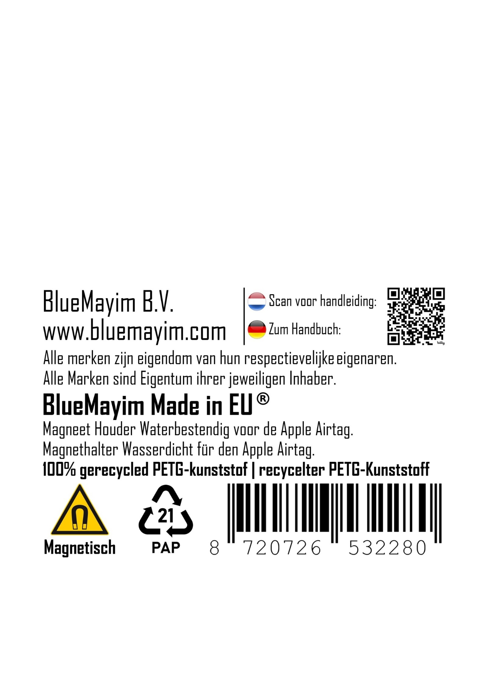 Bluemayim Made in EU Magneet Houder Waterbestendig voor de Apple Airtag met 3M Sticker (VHB) 100% gerecycled