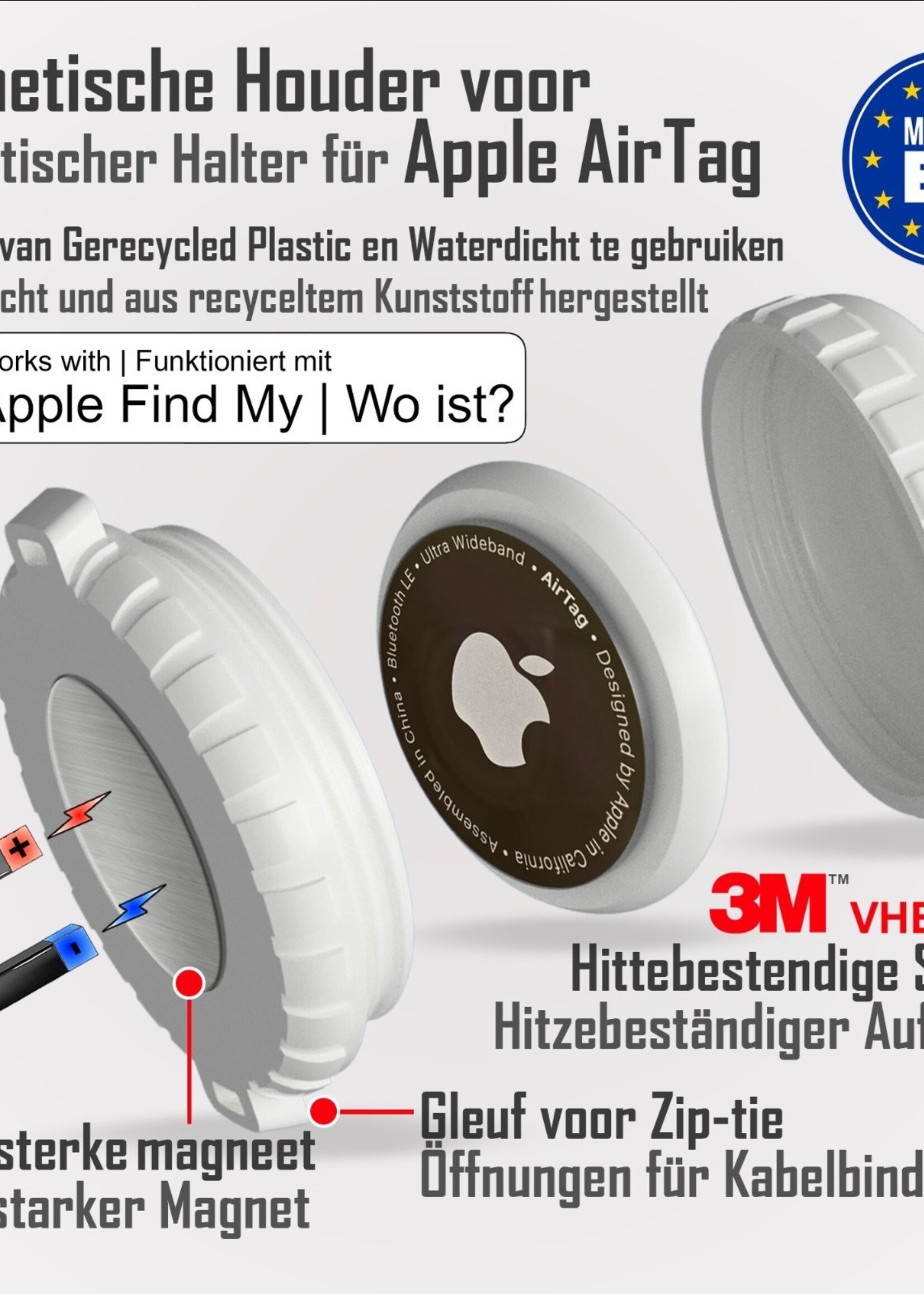 Bluemayim Made in EU Magneet Houder Waterbestendig voor de Apple Airtag met 3M Sticker (VHB) 100% gerecycled