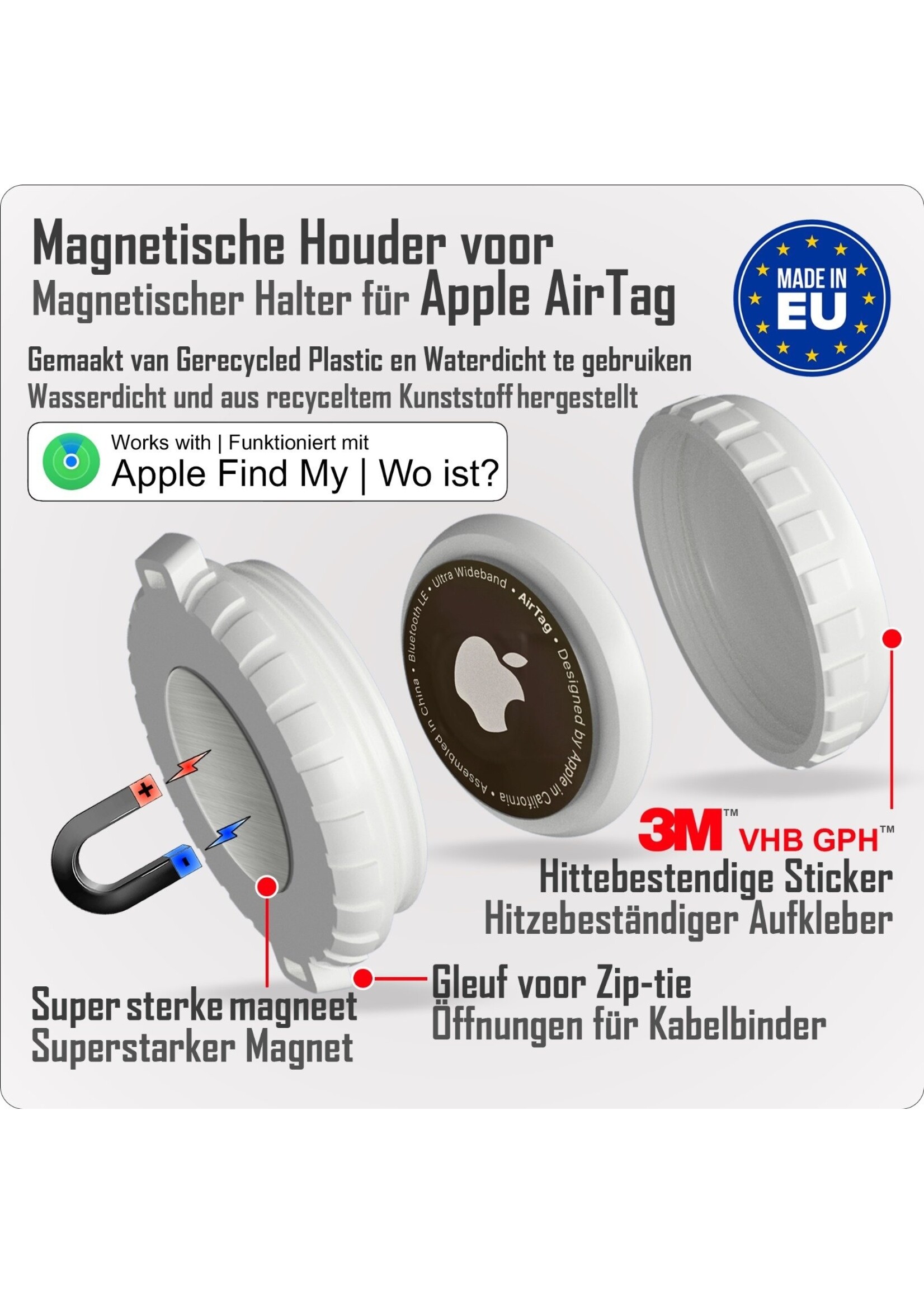 Bluemayim Made in EU Magnetic Holder Waterproof for the  Apple Airtag with 3M Sticker (VHB)
