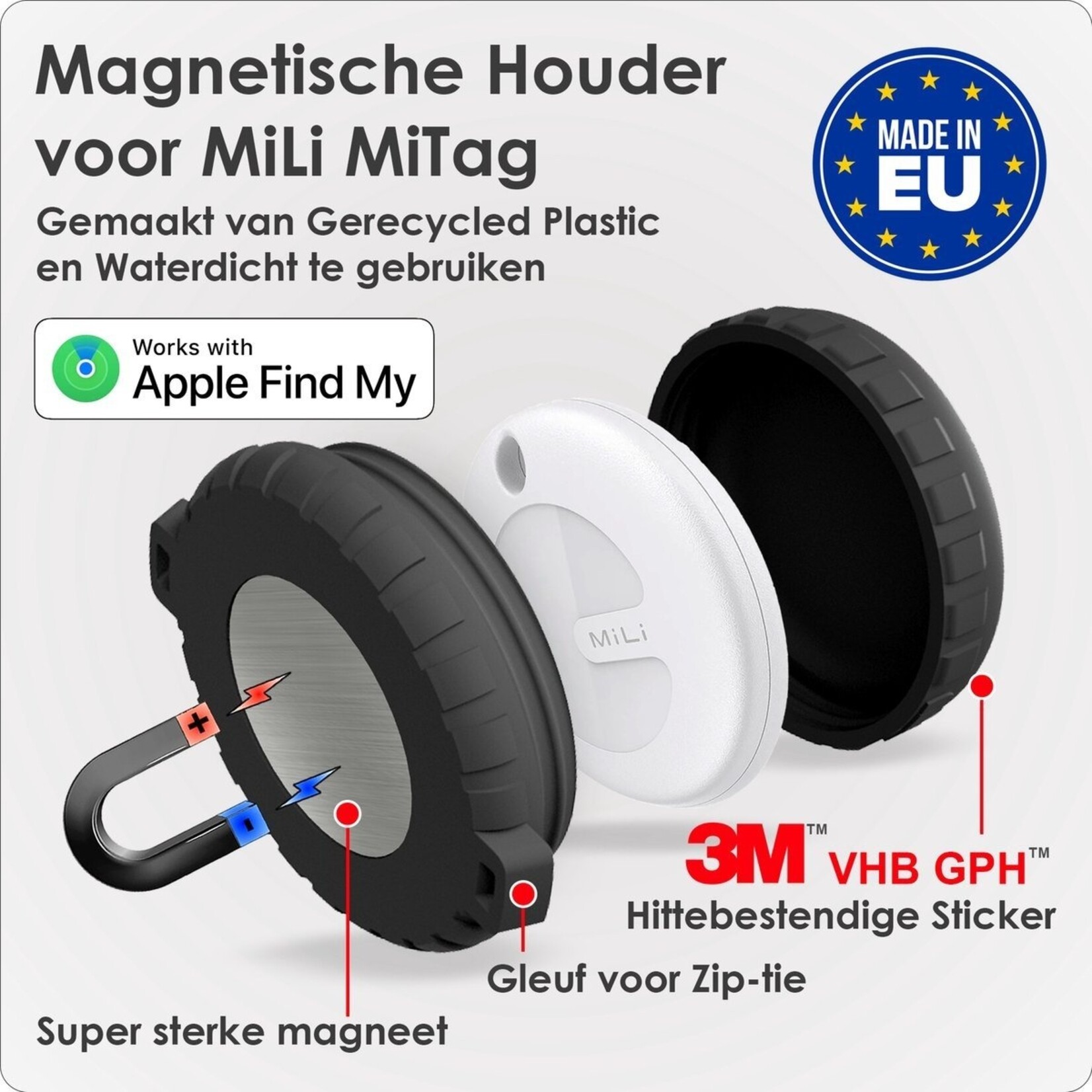 Bluemayim Made in EU Magneet Houder Waterbestendig voor de Apple Airtag met 3M Sticker (VHB) 100% gerecycled