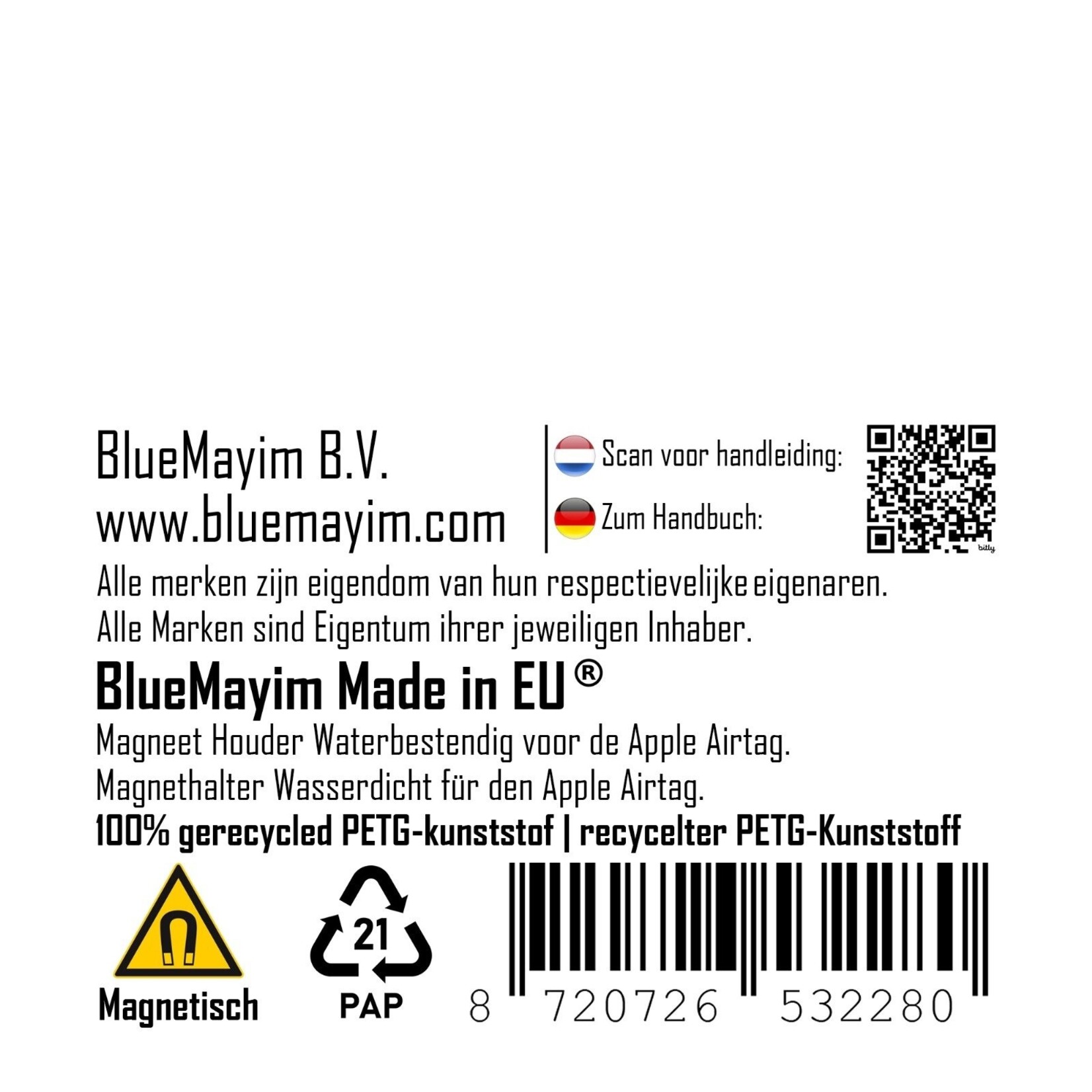 Bluemayim Made in EU Magnetic Holder Waterproof for the  Apple Airtag with 3M Sticker (VHB)