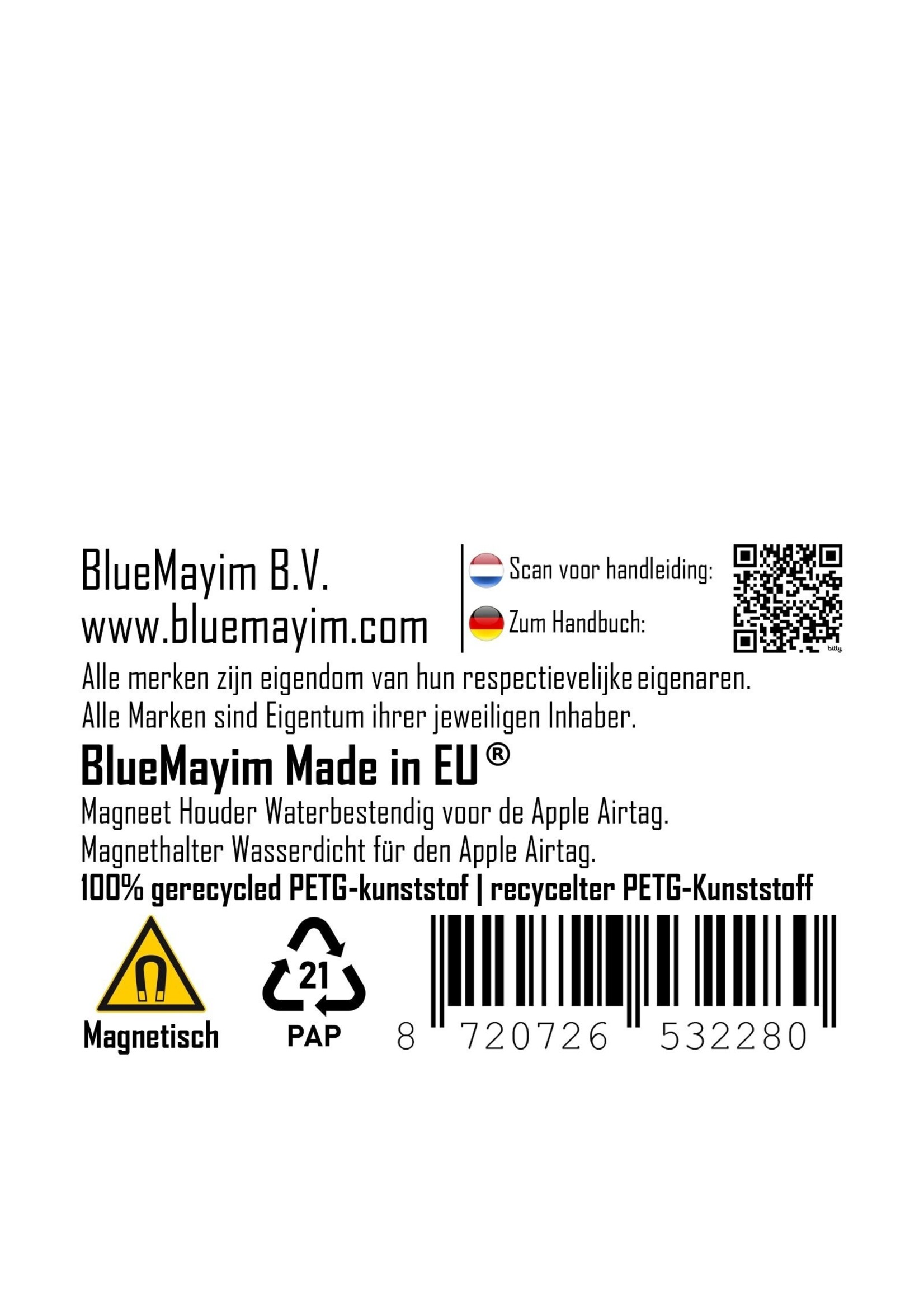 Bluemayim Made in EU Magnetic Holder Waterproof for the  Apple Airtag with 3M Sticker (VHB)
