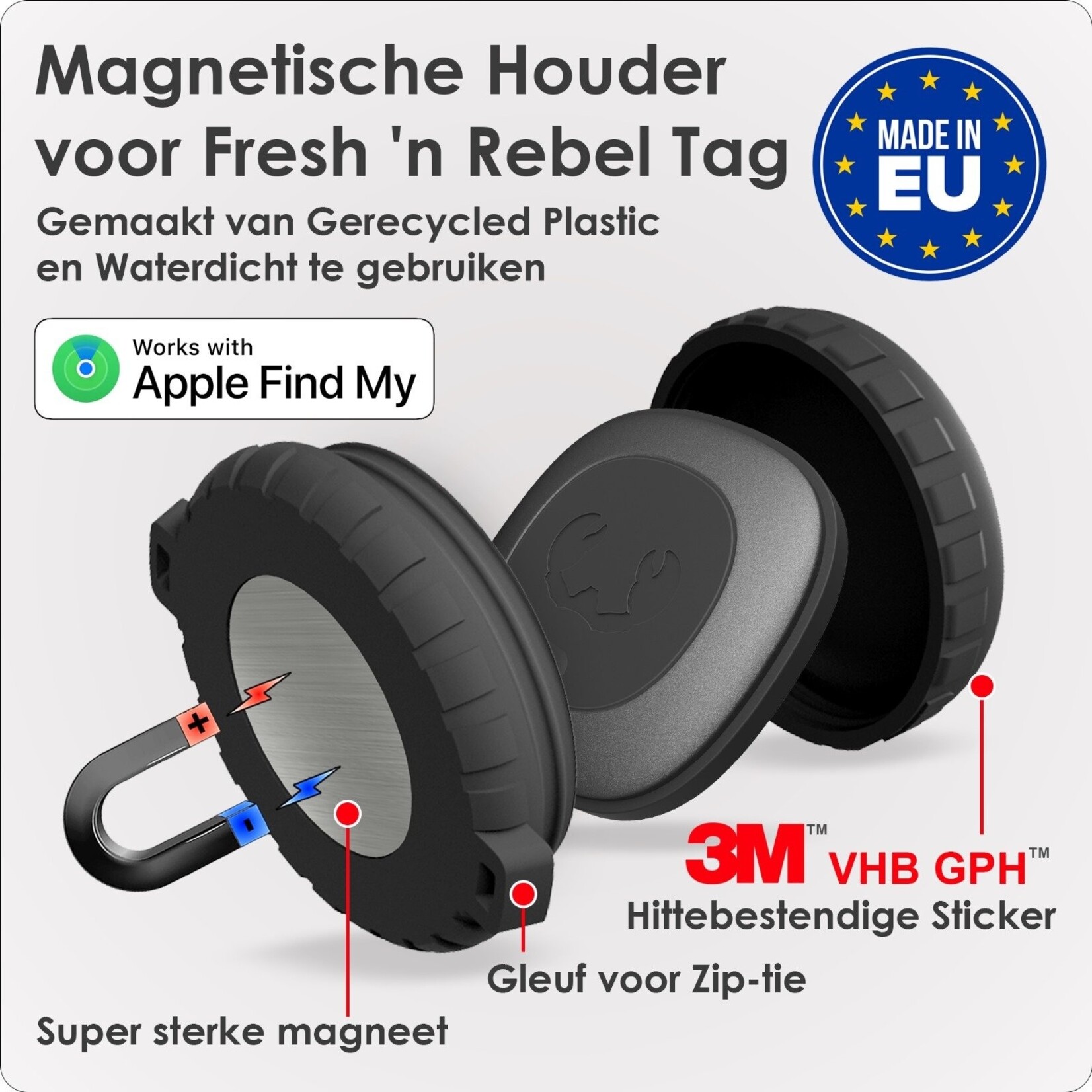 Bluemayim Made in EU Magneet Houder Waterbestendig voor de Apple Airtag met 3M Sticker (VHB) 100% gerecycled
