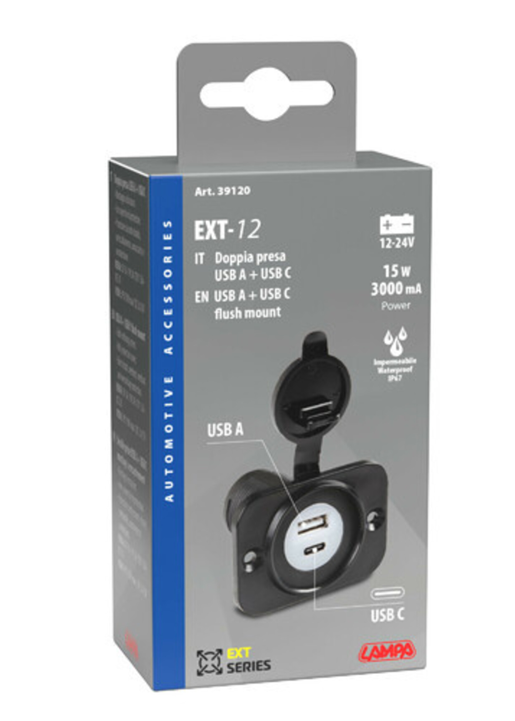 Lampa Ext-12, flush mount double Usb A + Usb C port, 12/24V