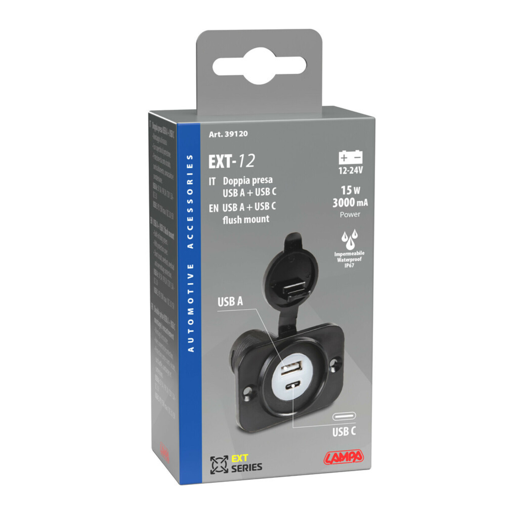 Lampa Ext-12, flush mount double Usb A + Usb C port, 12/24V