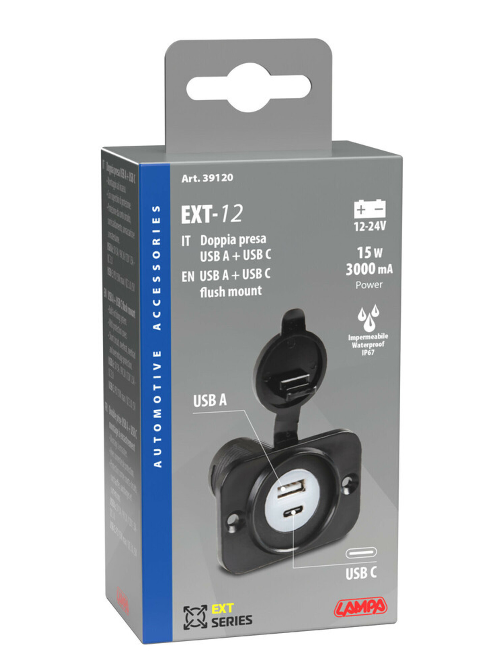 Lampa Inbouw USB-A & USB-C poort 12/24v 3000ma