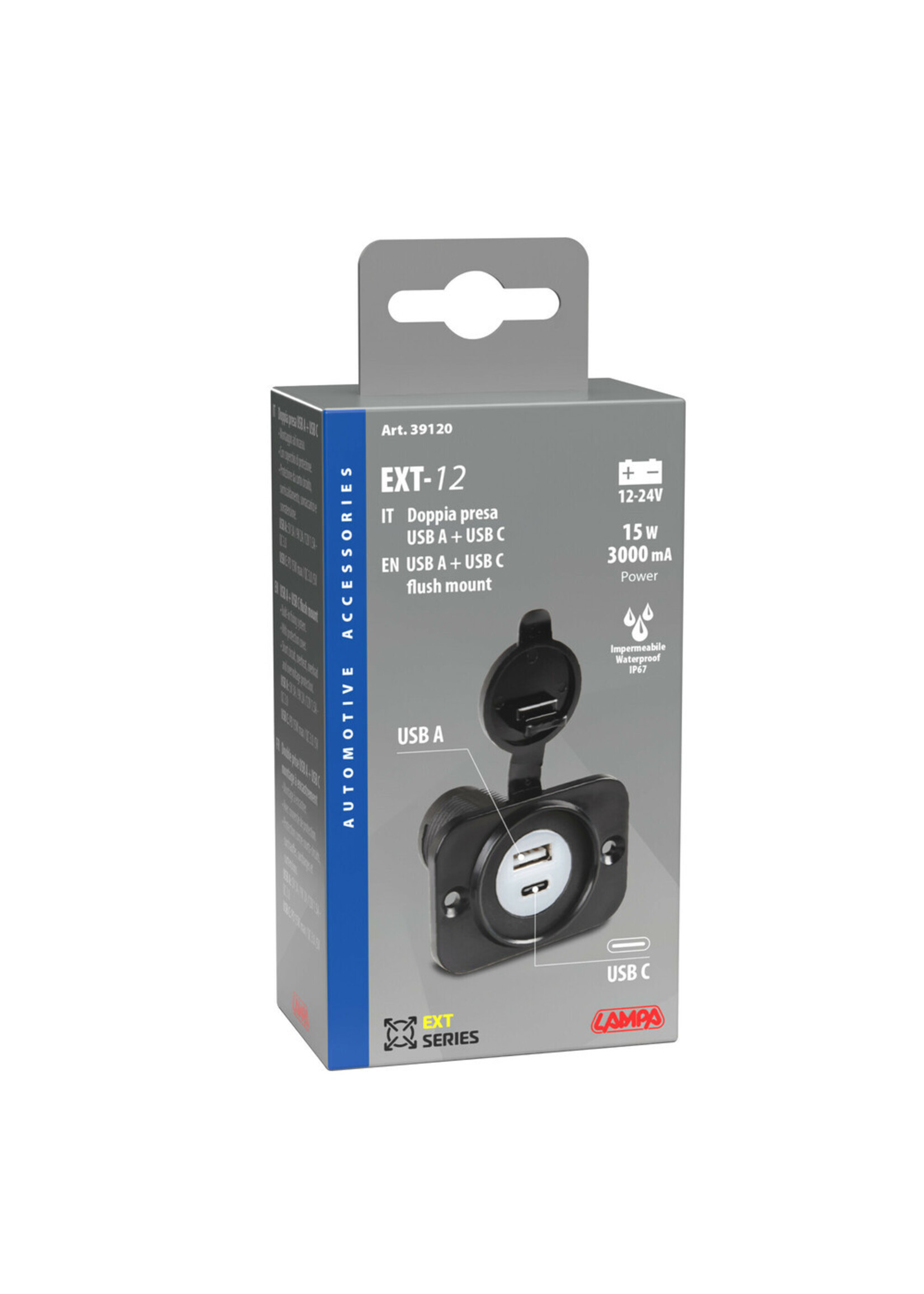 Lampa Inbouw USB-A & USB-C poort 12/24v 3000ma