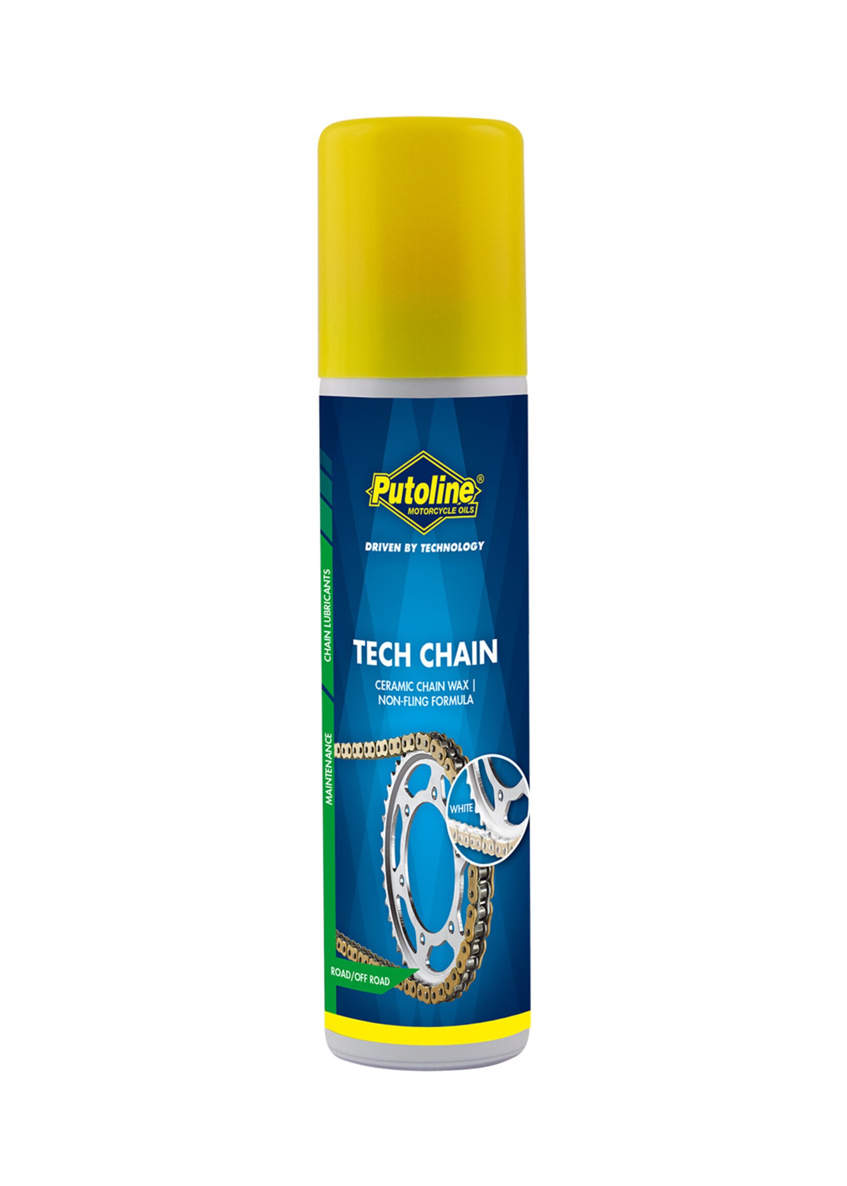 Putoline Putoline Tech Chain (Ceramic Wax) is een modern, hoogwaardig kettingsmeermiddel. Het product bestaat uit een unieke waxformule gecombineerd met uitgekiende additieven waaronder PTFE. Tech Chain biedt onder alle bedrijfsomstandigheden optimale bescherming