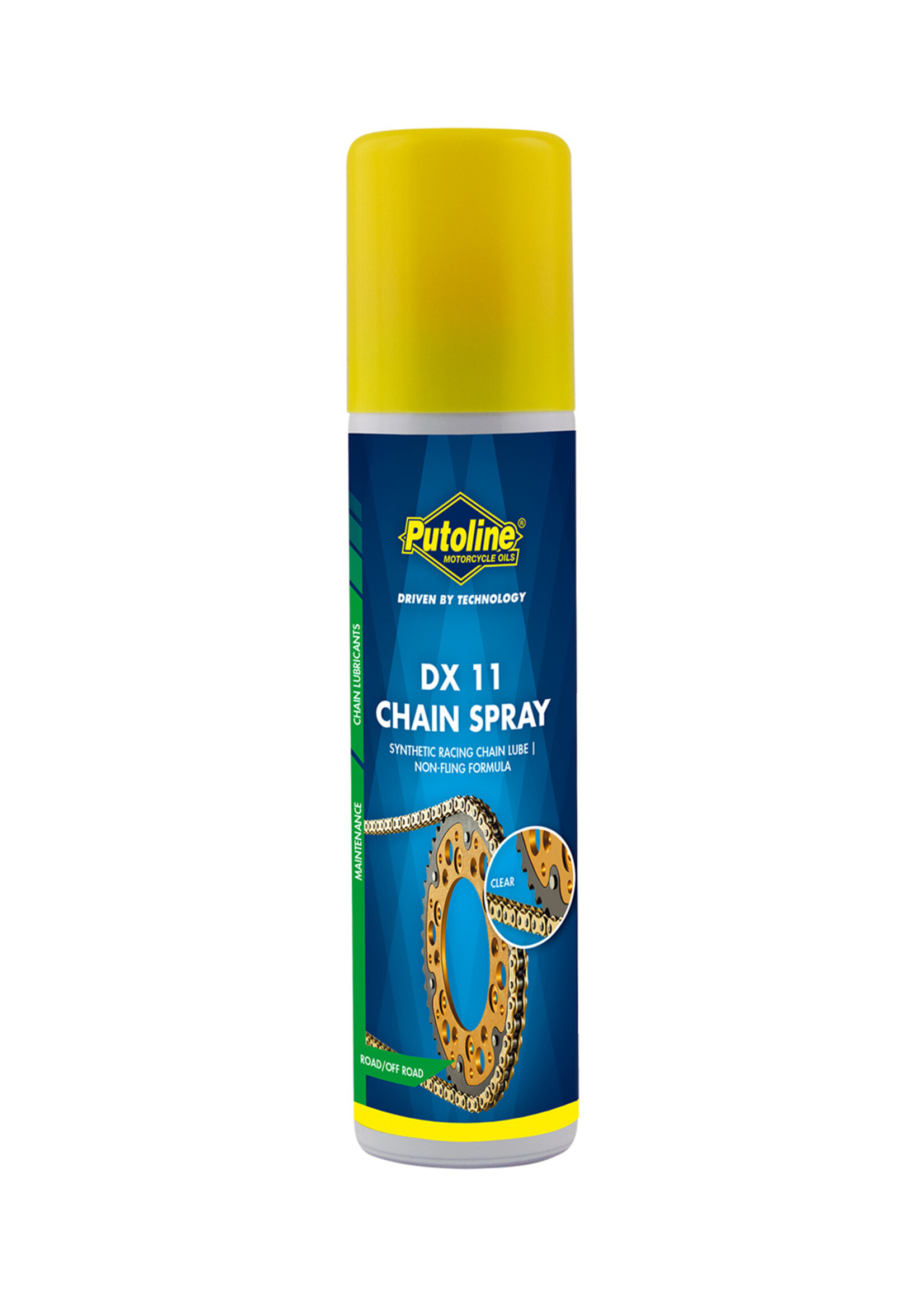 Putoline Putoline DX11 Chain Spray is a synthetic chain lubricant. The unique, water-repellent formulation penetrates deep into the chain links and leaves a protective layer. DX11 is super adhesive and is non-fling. It provides perfect protection against corrosion