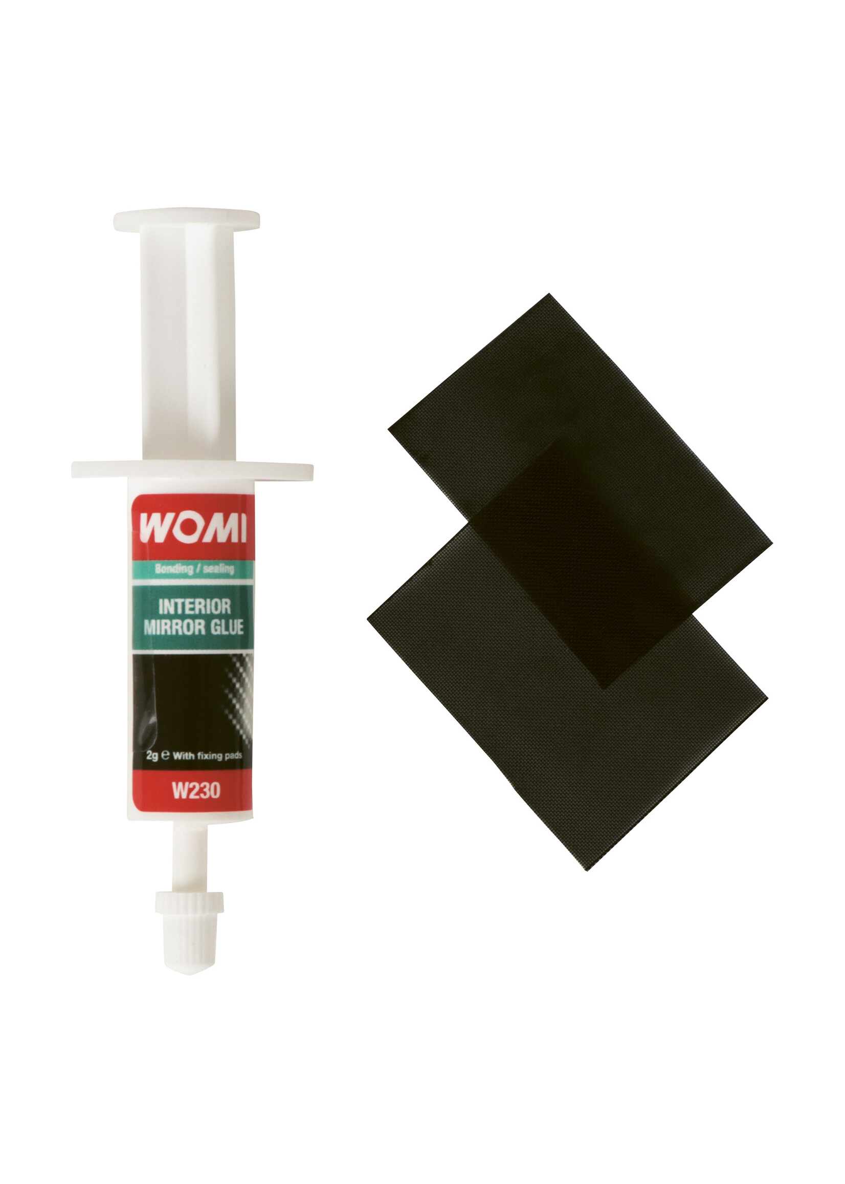 Womi Womi W230 Interior mirror glue is a white high quality glue for bonding interior mirrors with a metal base. With this glue the metal base of the mirror can be glued to the windscreen and is shock and vibration resistant. Hand-tight after about 60 seconds,