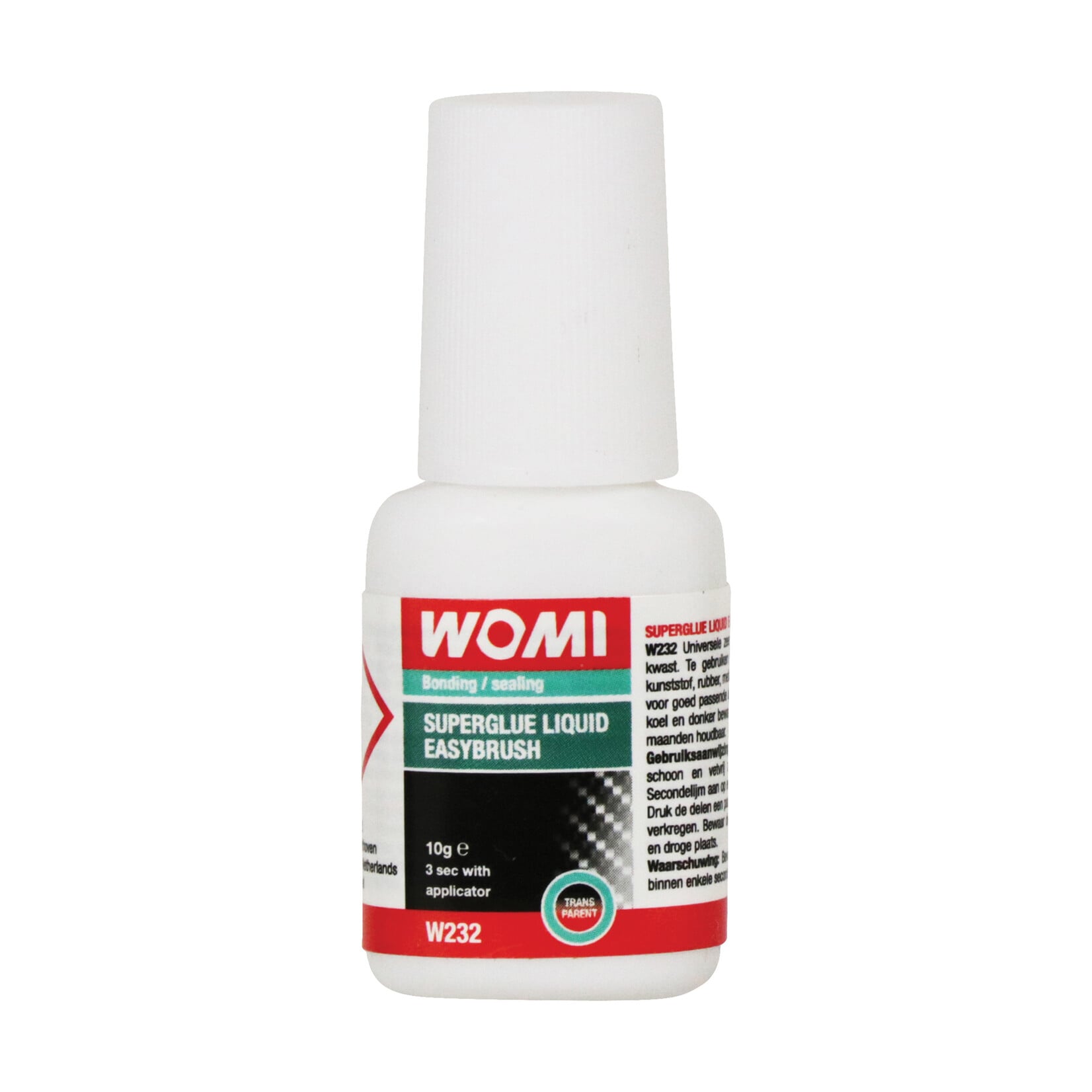 Womi Womi W232 Superglue liquid easybrush is een transparante universele zeer snel drogende secondenlijm. Te gebruiken op de meeste oppervlakken zoals kunststof, rubber, metaal, karton en hout. Eenvoudig aan te brengen met het meegeleverde kwastje, handvast na