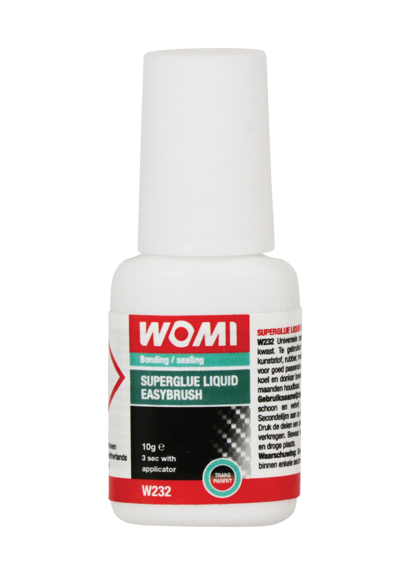 Womi Womi W232 Superglue liquid easybrush is a transparent universal very fast drying seconds glue. To be used on most surfaces such as plastic, rubber, metal, cardboard and wood. Easy to apply with the supplied brush, hand held after 2 to 5 seconds. This seco