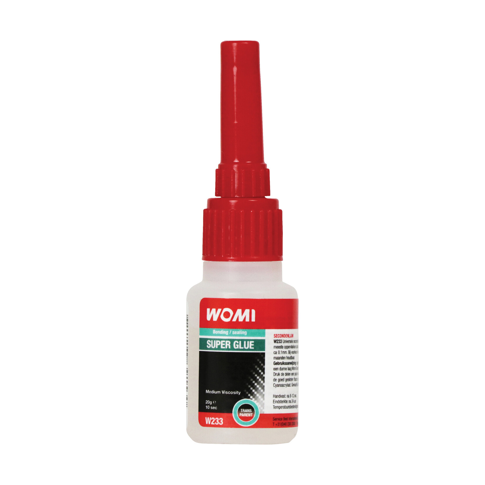 Womi Womi W233 is a transparent universal second adhesive with a medium viscosity. To be used on most surfaces such as plastic, rubber, metal, cardboard and wood. Easy to apply with the nozzle. Filling capacity approx. 0.1mm and hand held after 8 to 12 seconds