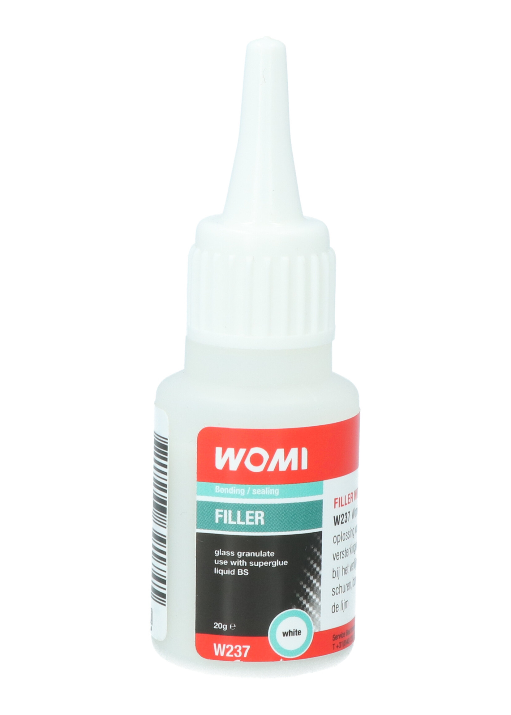 Womi Womi W237 Filler is een witte vulstof die samen in combinatie met Womi W235 secondenlijm de ultieme oplossing is voor het snel vullen van gleuven, gaten, voegen of het maken van versterkingen. Ook uitermate geschikt om oneffenheden weg te werken bij het v