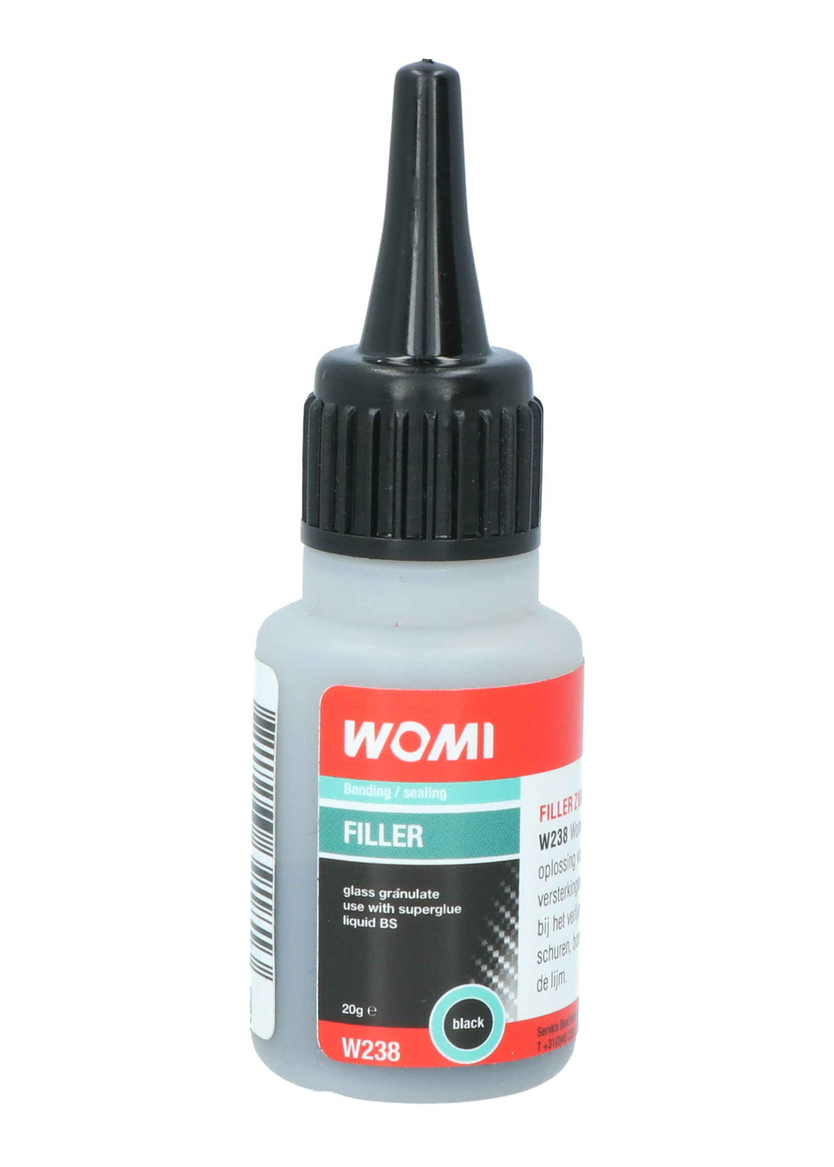 Womi Womi W238 Filler is een zwarte vulstof die samen in combinatie met Womi W235 secondenlijm de ultieme oplossing is voor het snel vullen van gleuven, gaten, voegen of het maken van versterkingen. Ook uitermate geschikt om oneffenheden weg te werken bij het