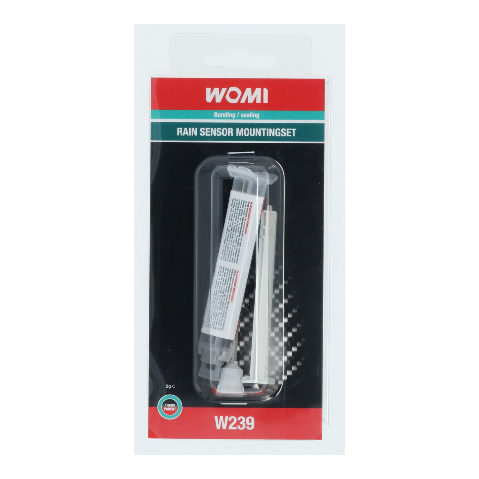 Womi Womi W239 wordt gebruikt om een regen- of lichtsensoren op de voorruit van een auto te bevestigen. De Womi gel heeft een uitstekende hechtende werking. Deze montage set bestaat uit een  mengmondstuk, injectiespuit met 2 gram kleefcomponenten en een dubbel