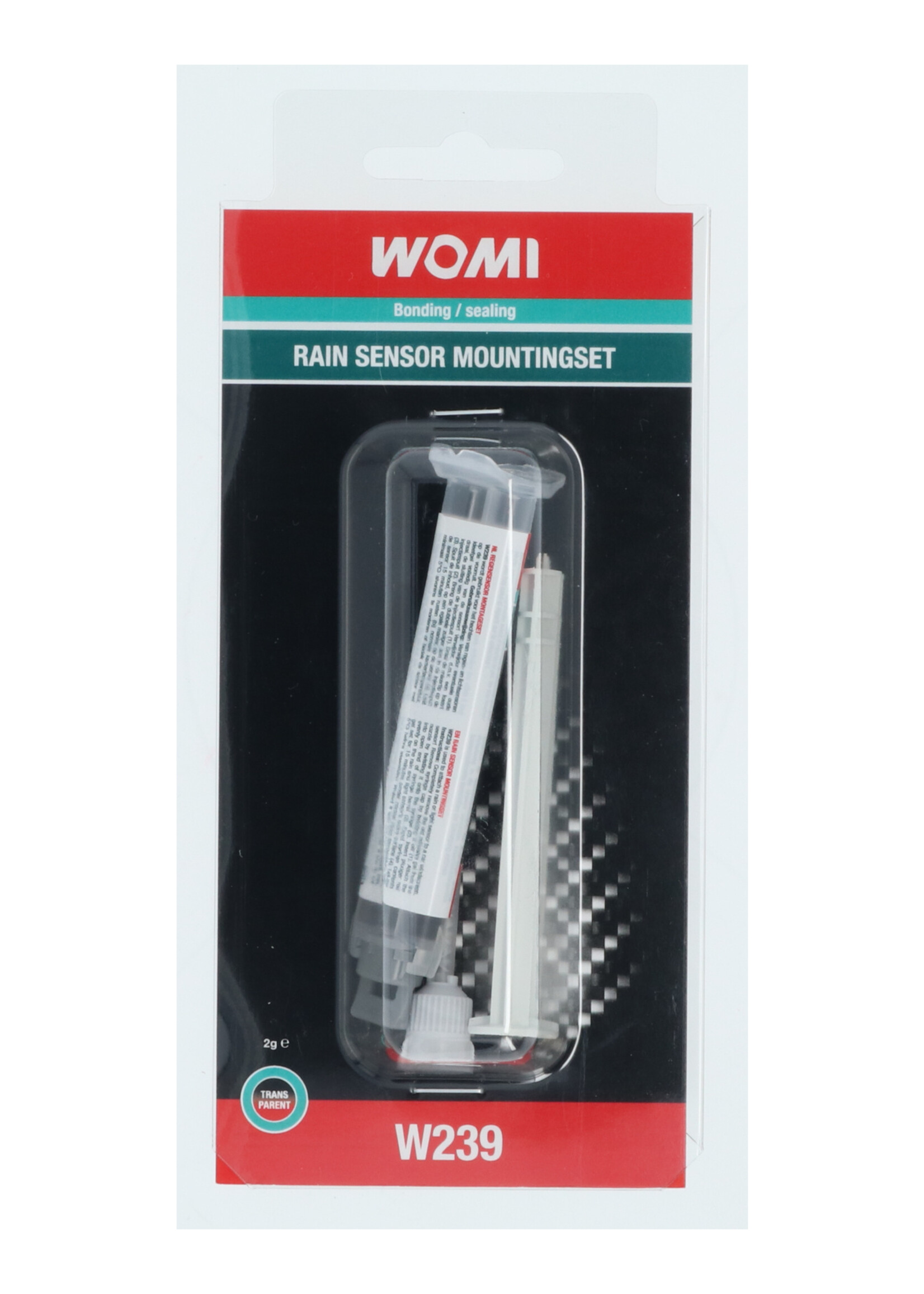 Womi Womi W239 wordt gebruikt om een regen- of lichtsensoren op de voorruit van een auto te bevestigen. De Womi gel heeft een uitstekende hechtende werking. Deze montage set bestaat uit een  mengmondstuk, injectiespuit met 2 gram kleefcomponenten en een dubbel