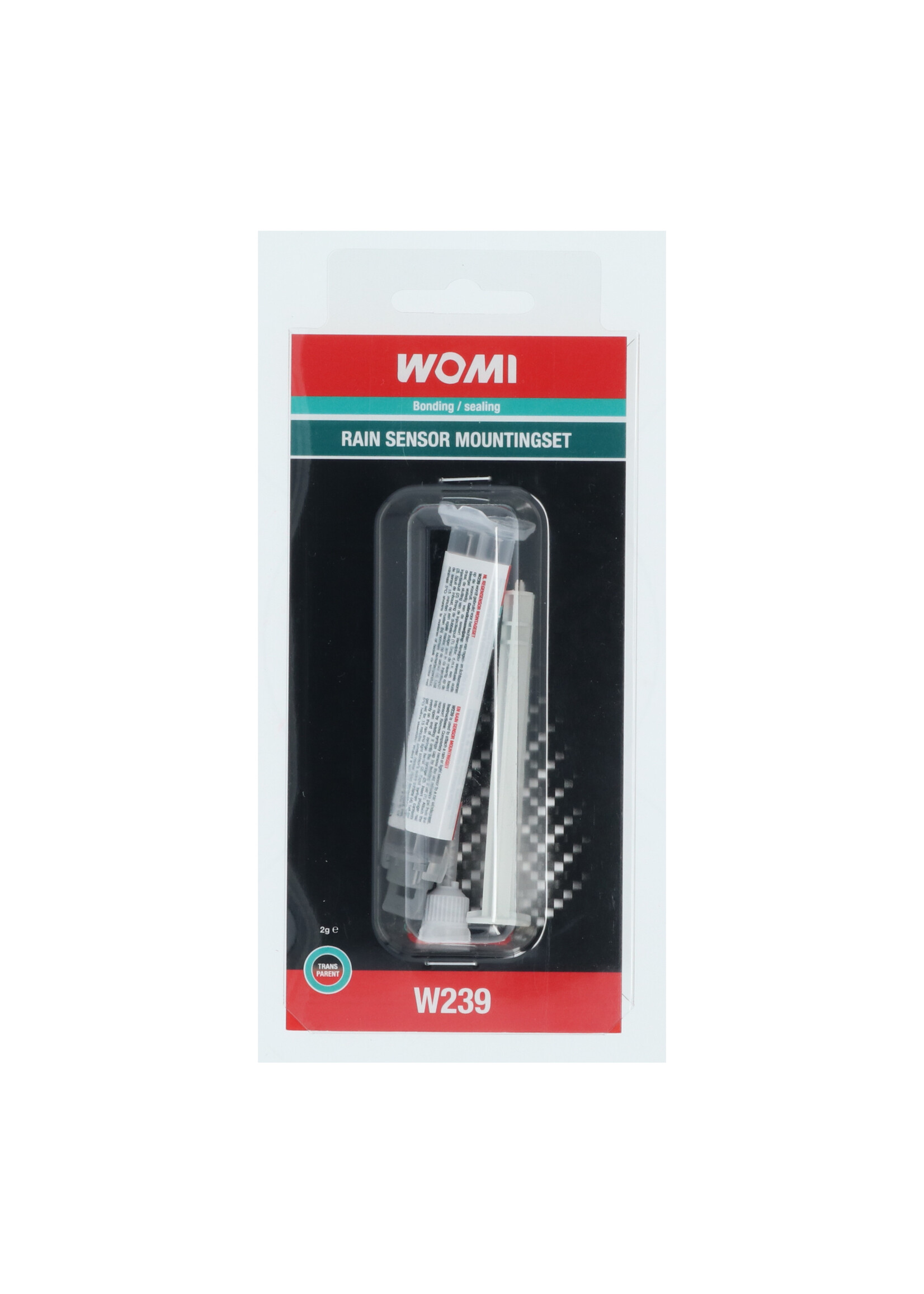 Womi Womi W239 wordt gebruikt om een regen- of lichtsensoren op de voorruit van een auto te bevestigen. De Womi gel heeft een uitstekende hechtende werking. Deze montage set bestaat uit een  mengmondstuk, injectiespuit met 2 gram kleefcomponenten en een dubbel