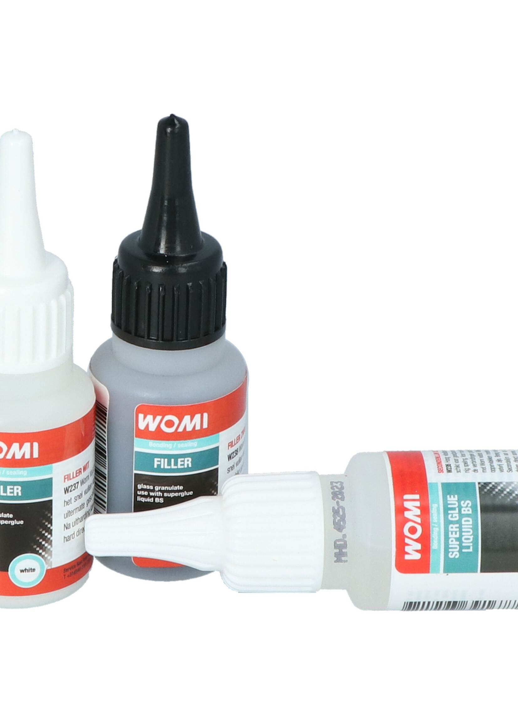 Womi This 3-piece Womi filler set is the ultimate solution is for quickly filling groves, holes, joints or making reinforcements. The set consists of the Womi W235 liquid second glue and two Womi fillers W237 (white) and W238 (black). The Womi W235 is high liq