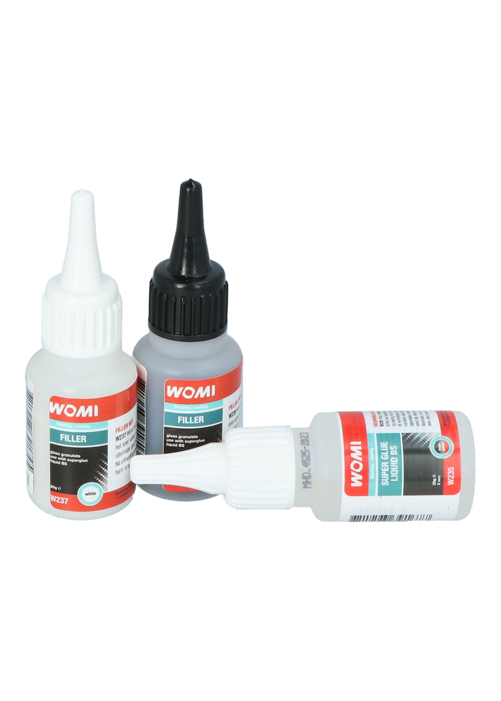 Womi This 3-piece Womi filler set is the ultimate solution is for quickly filling groves, holes, joints or making reinforcements. The set consists of the Womi W235 liquid second glue and two Womi fillers W237 (white) and W238 (black). The Womi W235 is high liq