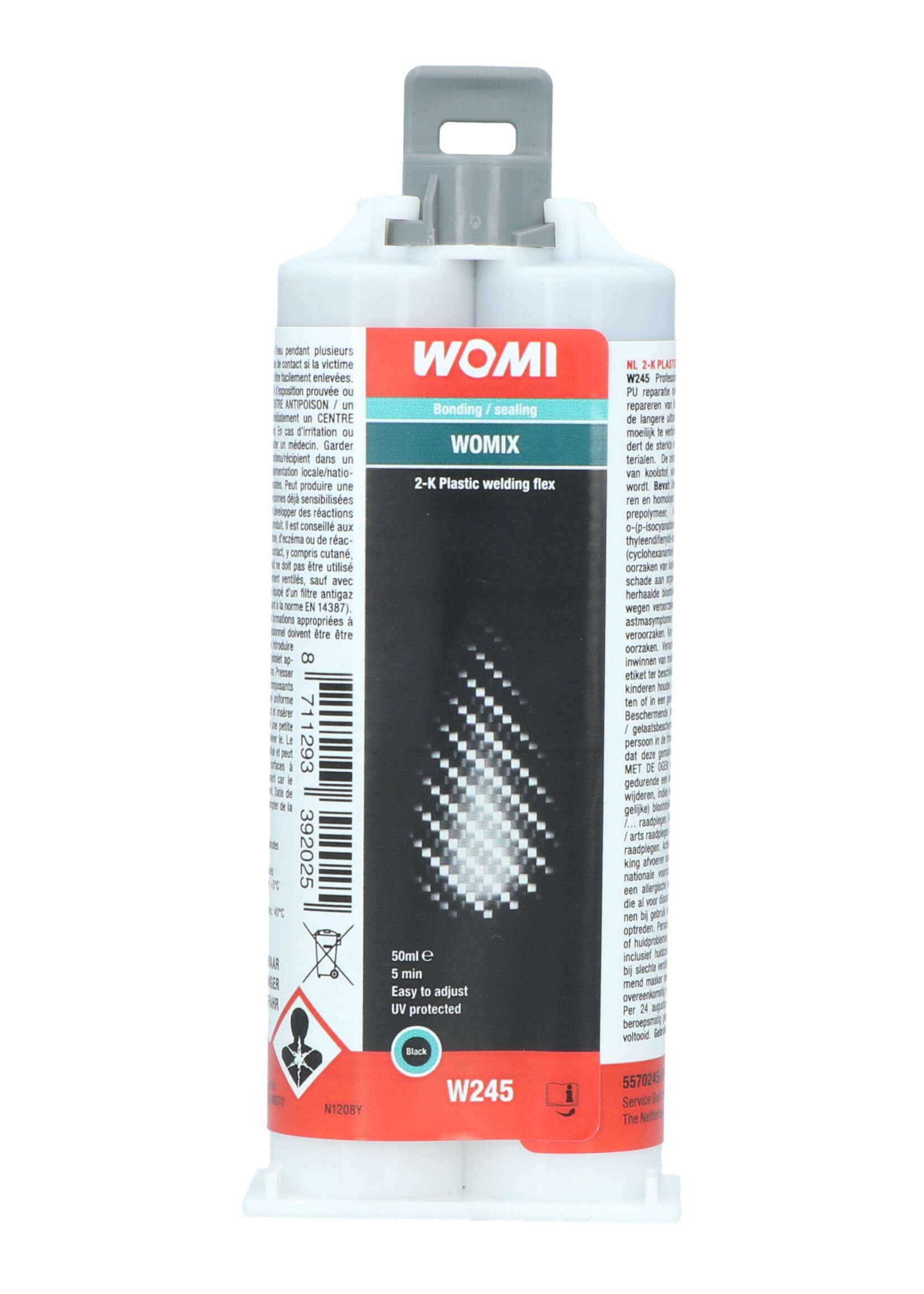 Womi Womi W245 2K Plastic Welding Flex is een professioneel 2-componenten, self-mixing PU reparatiemiddel voor supersnel verlijmen en repareren van flexibele kunststofonderdelen. Door de langere uithardingstijd van 5 minuten, perfect voor moeilijk te verbinden
