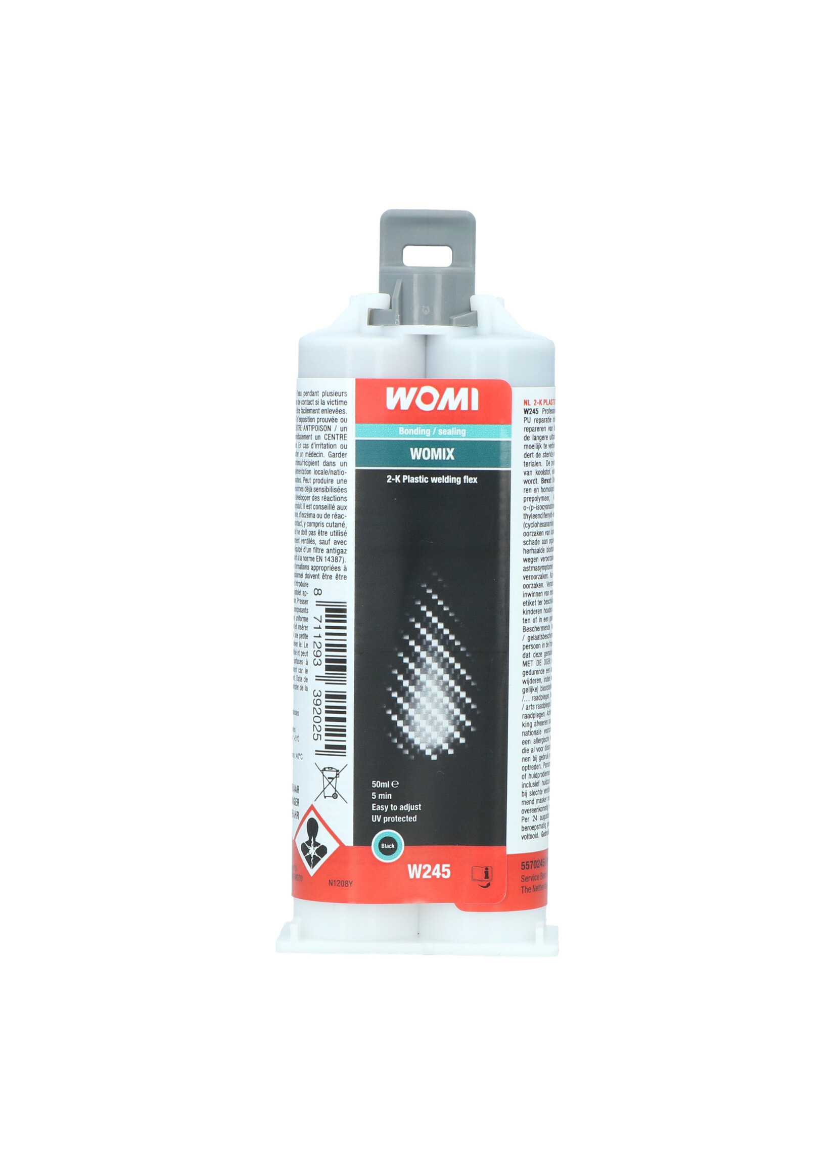 Womi Womi W245 2K Plastic Welding Flex is een professioneel 2-componenten, self-mixing PU reparatiemiddel voor supersnel verlijmen en repareren van flexibele kunststofonderdelen. Door de langere uithardingstijd van 5 minuten, perfect voor moeilijk te verbinden