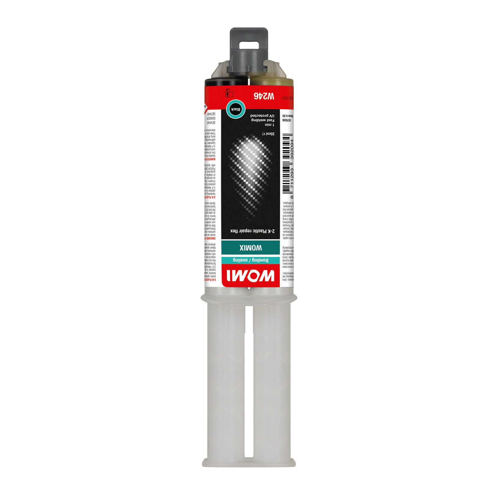Womi Womi W246 2K Plastic Repair Flex professional 2-component, self-mixing PU repair agent for super fast bonding and repairing of flexible plastic parts. Extra fast curing, to be processed after 1 minute, quickly sandable. Approaches the strength and flexibi