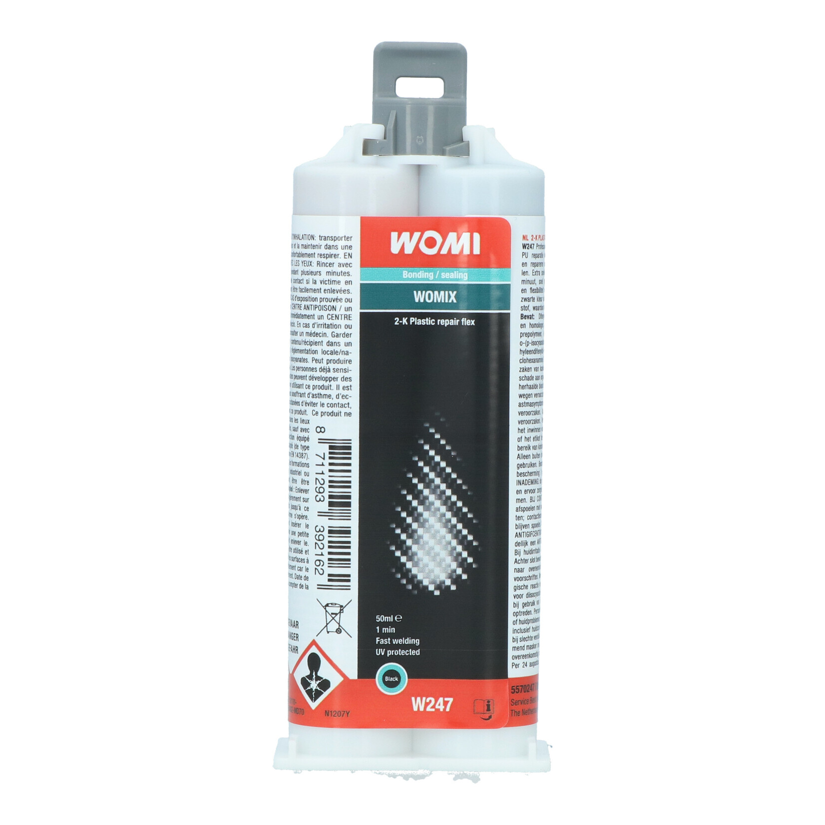 Womi Womi W247 2K Plastic Repair Flex professional 2-component, self-mixing PU repair agent for super fast bonding and repairing of flexible plastic parts. Extra fast curing, to be processed after 1 minute, quickly sandable. Approaches the strength and flexibi