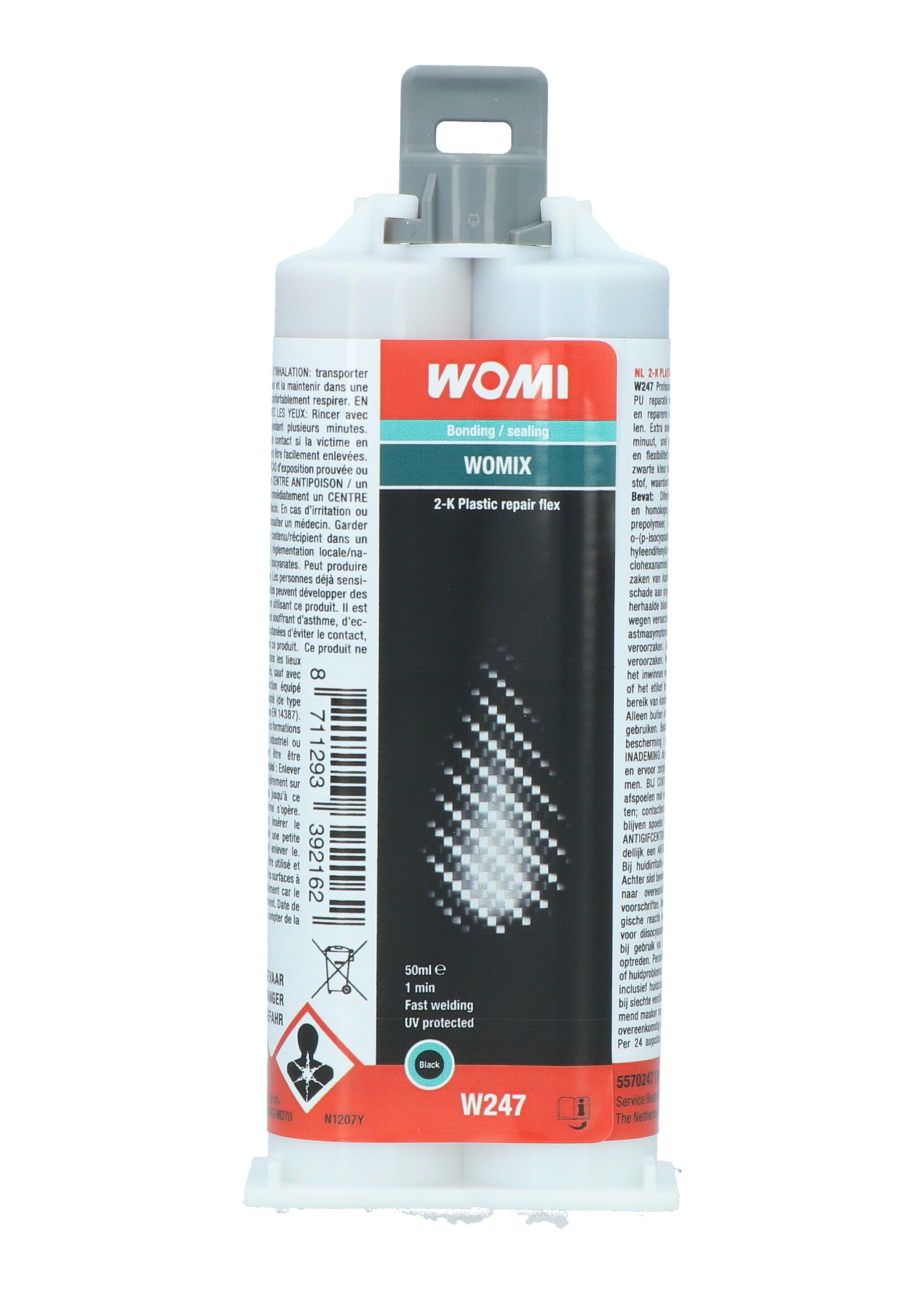 Womi Womi W247 2K Plastic Repair Flex professional 2-component, self-mixing PU repair agent for super fast bonding and repairing of flexible plastic parts. Extra fast curing, to be processed after 1 minute, quickly sandable. Approaches the strength and flexibi
