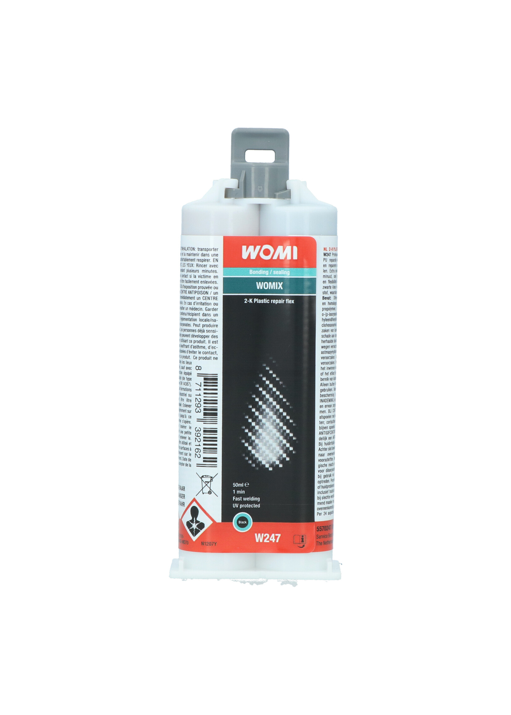 Womi Womi W247 2K Plastic Repair Flex professional 2-component, self-mixing PU repair agent for super fast bonding and repairing of flexible plastic parts. Extra fast curing, to be processed after 1 minute, quickly sandable. Approaches the strength and flexibi