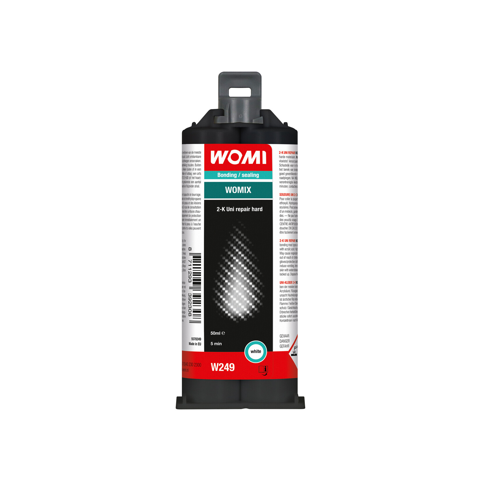 Womi Womi W249 2K Uni Repair Hard professional 2-component, self-mixing MA universal force adhesive. High tensile strength, impact resistance and filling capacity. For bonding most hard materials. Including mixer tip so always a perfect mixing and mixing ratio