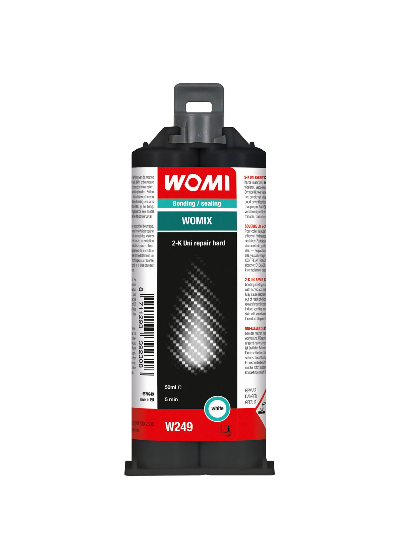 Womi Womi W249 2K Uni Repair Hard professionele 2-componenten, self-mixing MA universele krachtlijm. Hoge treksterkte, slagvast en vullend vermogen. Voor het verlijmen van de meeste harde materialen. Inclusief mixertip dus gegarandeerd altijd een perfecte meng
