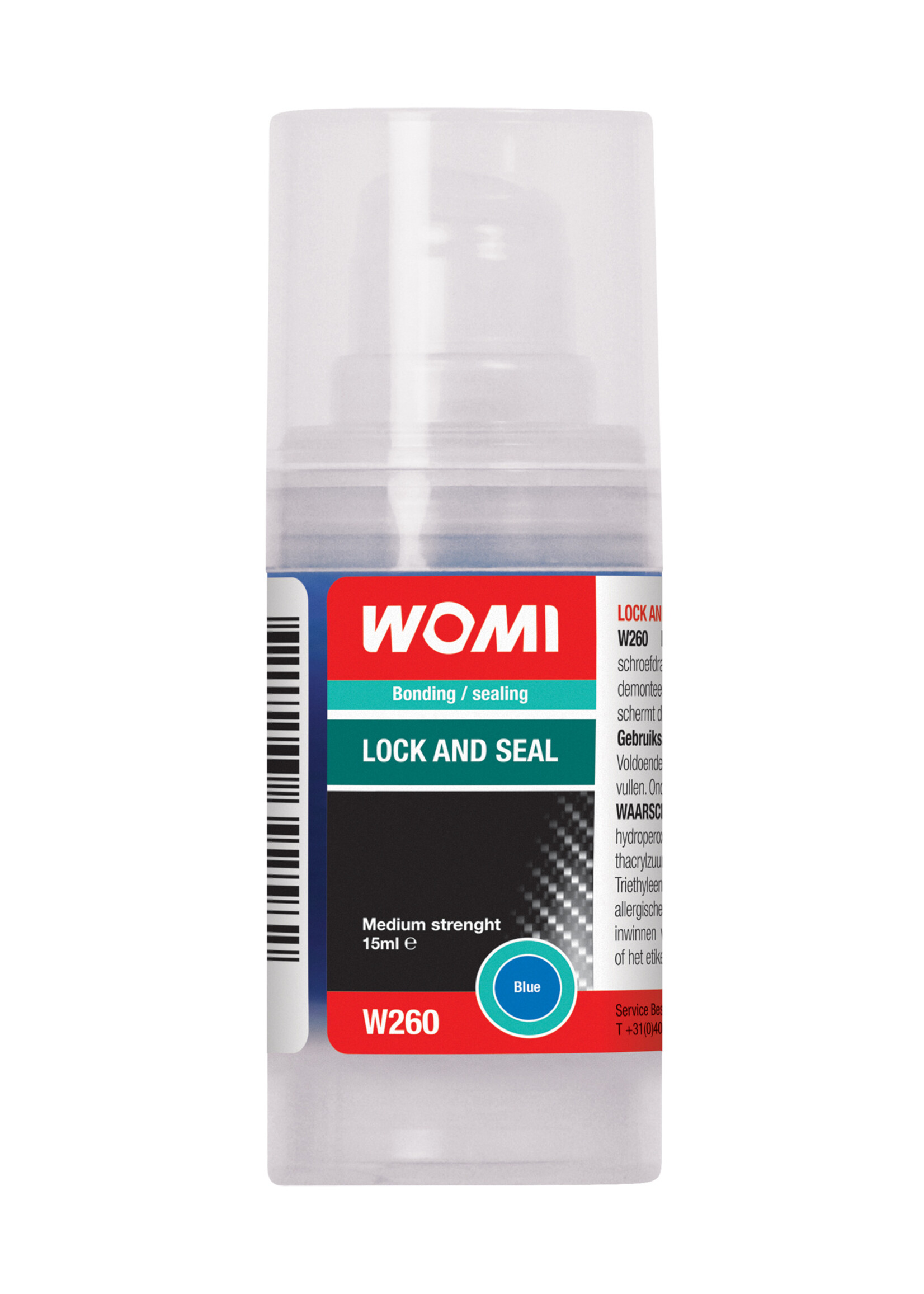 Womi Womi W260 Lock and Seal Blue for securing and sealing threaded connections. Secures threads up to M36 and seals. The colour blue indicates that it is a medium strength and can be easily disassembled with hand tools. Not suitable for parts in wood and plas