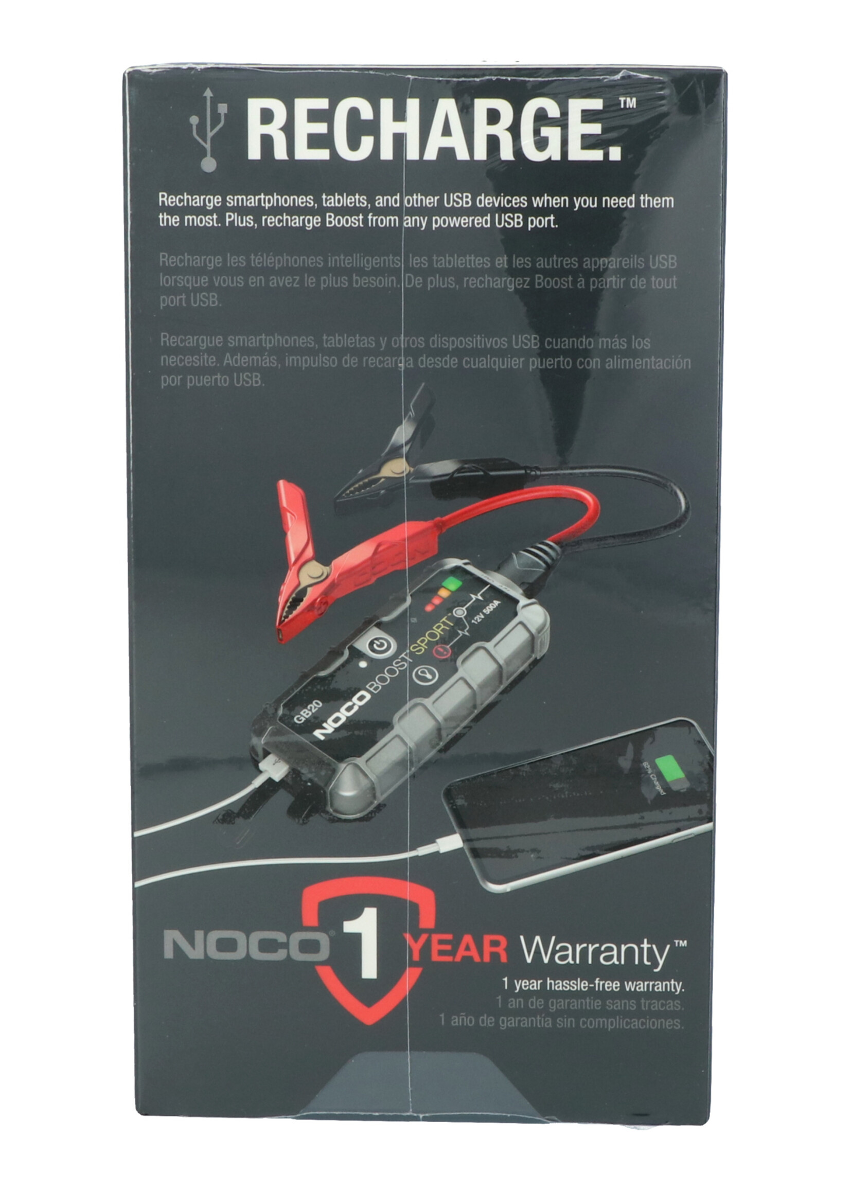 NOCO 500 amp jump starter for 12 Volt Wet, Gel, MF, EFB and AGM batteries. The Noco Genius GB20 is not suitable for lithium batteries. Spark proof connections and reverse polarity protection. Power source for charging USB devices and LED torch with multiple fu