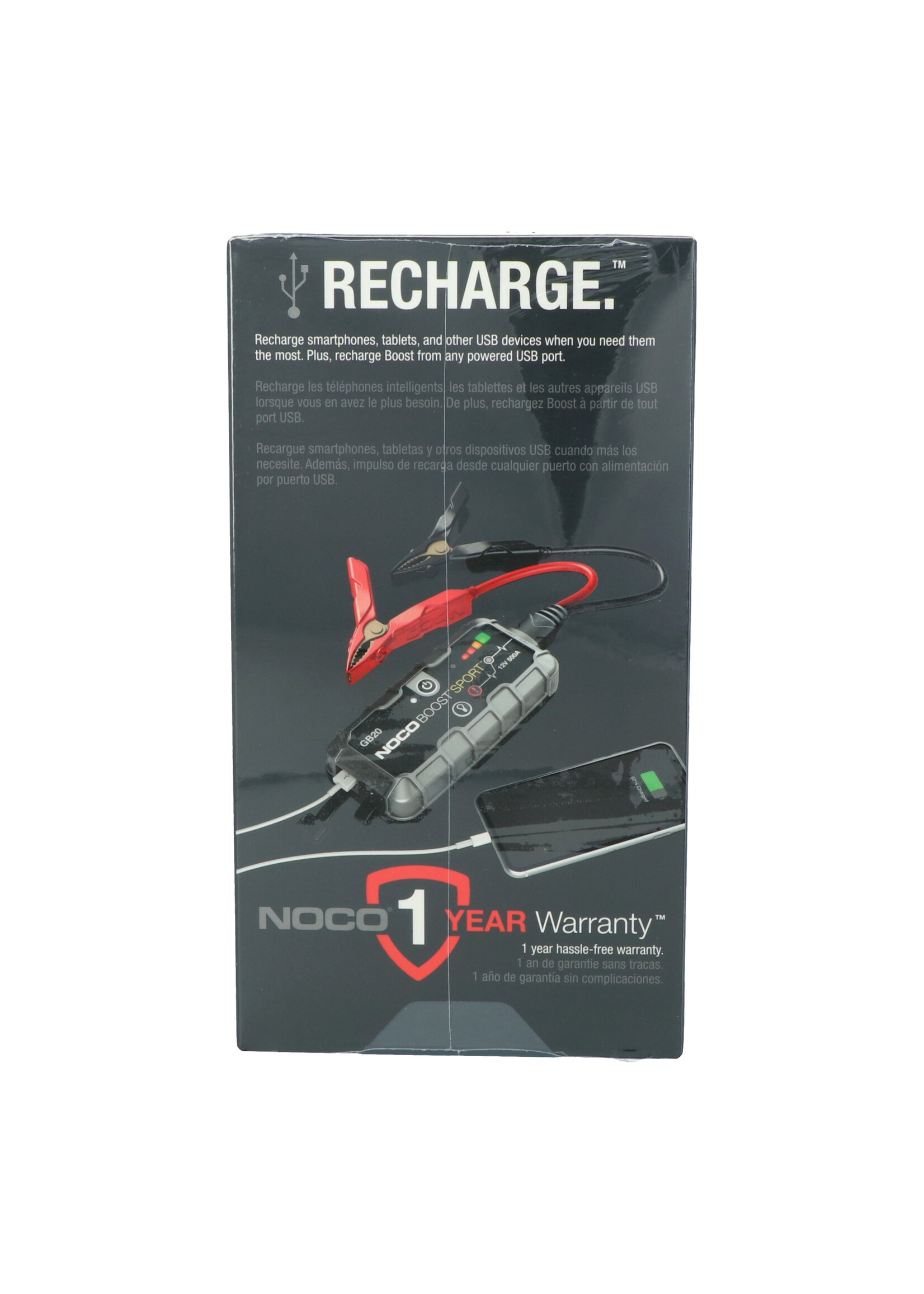 NOCO 500 ampère jumpstarter voor 12 Volt Wet, Gel, MF, EFB en AGM accu’s. De Noco Genius GB20 is niet geschikt voor lithium accu's. Veilige vonkvrije verbinding en bescherming tegen omgekeerde polariteit. Voeding voor het opladen van USB apparaten en LED-zakla