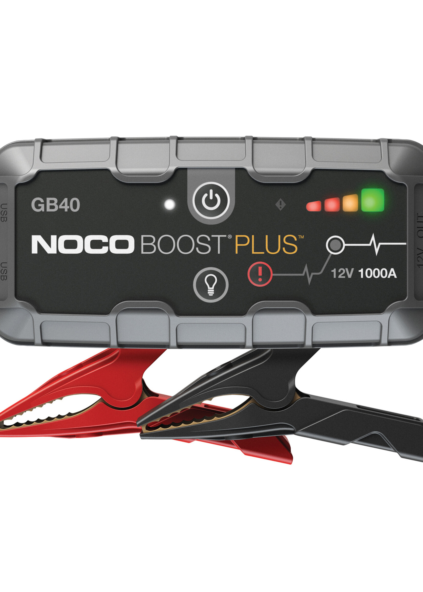 NOCO 1000 amp jump starter for 12 Volt Wet, Gel, MF, EFB and AGM batteries. The Noco Genius GB40 is not suitable for lithium batteries. Spark proof connections and reverse polarity protection. Power source for charging USB devices and LED torch with multiple f