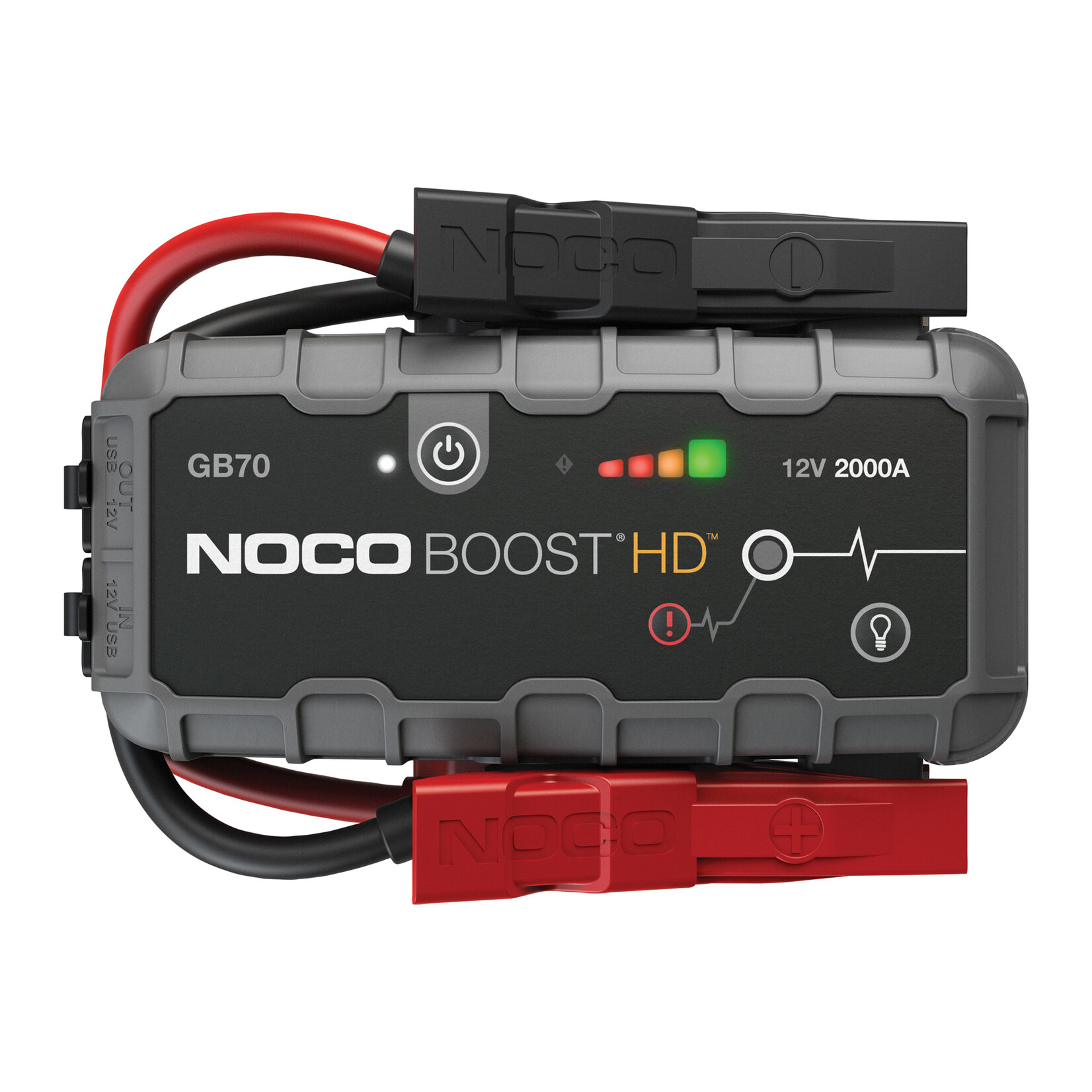 NOCO 2000 ampère jumpstarter voor 12 Volt Wet, Gel, MF, EFB en AGM accu’s. De Noco Genius GB70 is niet geschikt voor lithium accu's. Veilige vonkvrije verbinding en bescherming tegen omgekeerde polariteit. Voeding voor het opladen van USB apparaten en LED-zakl