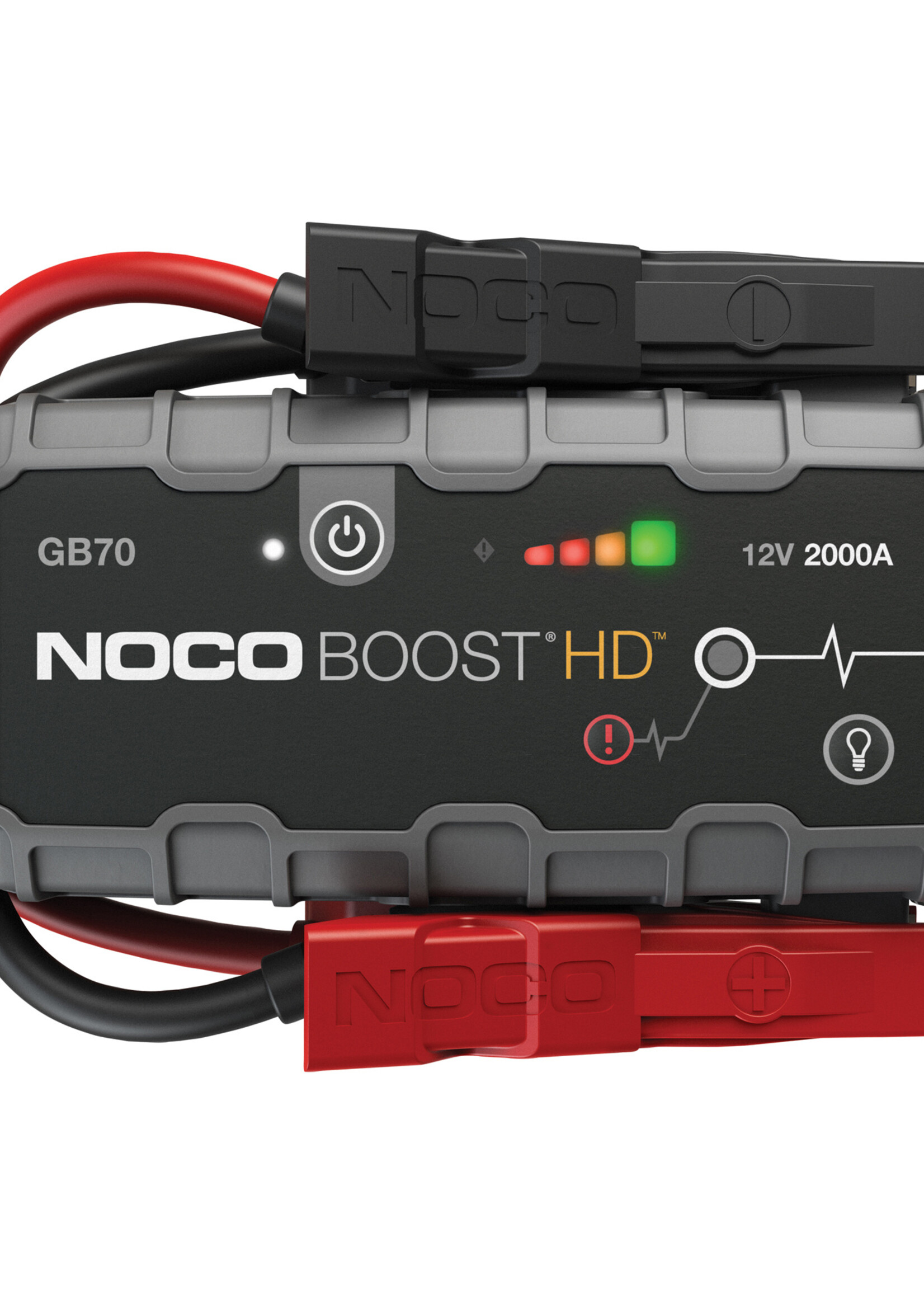 NOCO 2000 amp jump starter for 12 Volt Wet, Gel, MF, EFB and AGM batteries. The Noco Genius GB70 is not suitable for lithium batteries. Spark proof connections and reverse polarity protection. Power source for charging USB devices and LED torch with multiple f