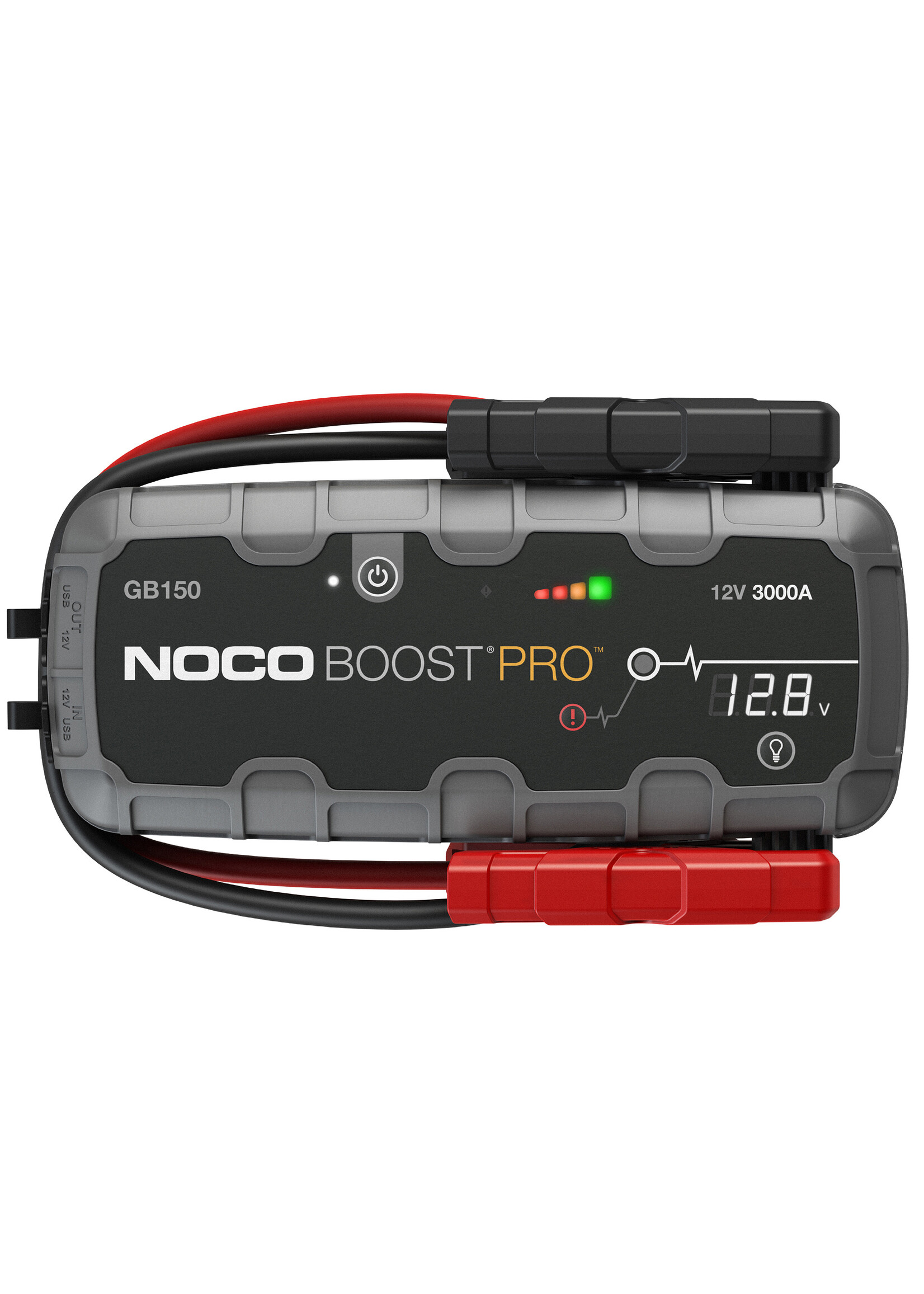 NOCO 3000 amp jump starter for 12 Volt Wet, Gel, MF, EFB and AGM batteries. The Noco Genius GB150 is not suitable for lithium batteries. Spark proof connections and reverse polarity protection. Power source for charging USB devices and LED torch with multiple