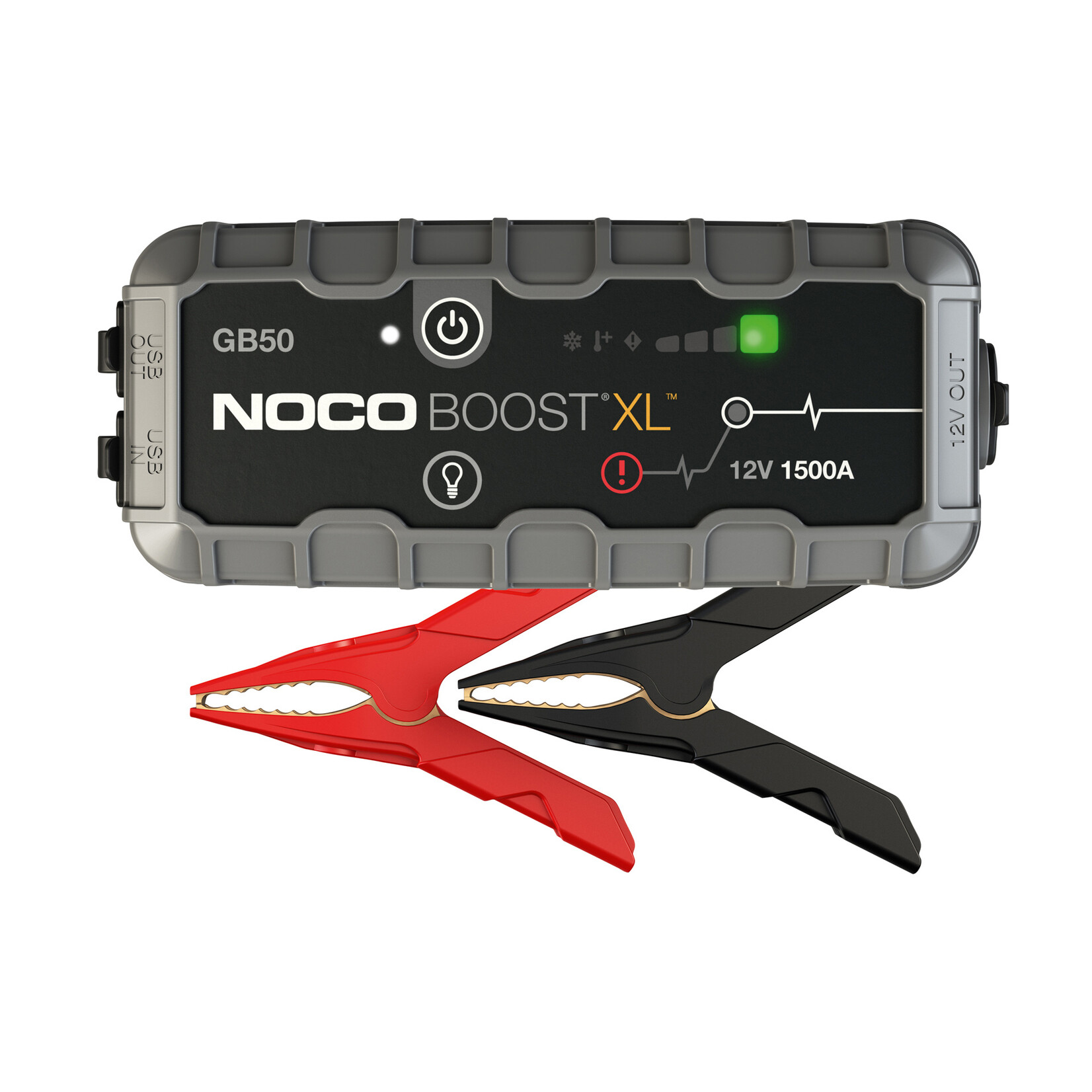 NOCO Noco Lithium Jump Starter Boost XL GB50 1500-amps jump starter pack for lithium-ion battery. Spark-proof connections and reverse polarity protection. Power source for recharging USB and 12V devices. LED flashlight with multiple modes.
