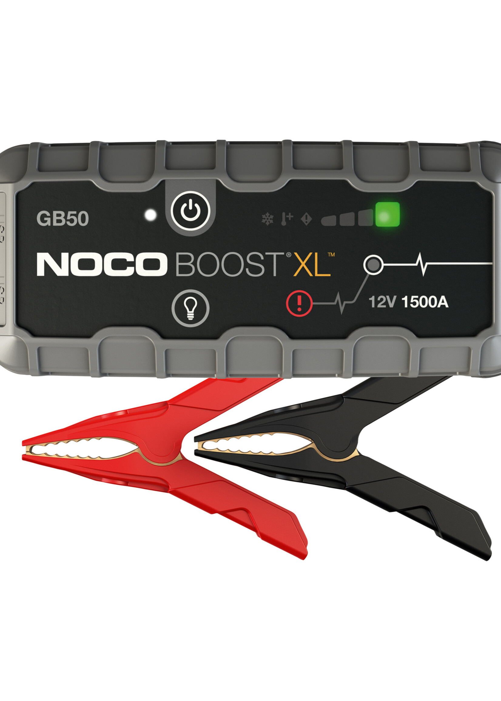 NOCO Noco Lithium Jump Starter Boost XL GB50 1500 ampère jumpstarter voor lithium-ion accu’s. Veilige vonkvrije verbinding en bescherming tegen omgekeerde polariteit. Voedingen voor het opladen van 12V en USB apparaten en LED-zaklamp met meerdere functies.