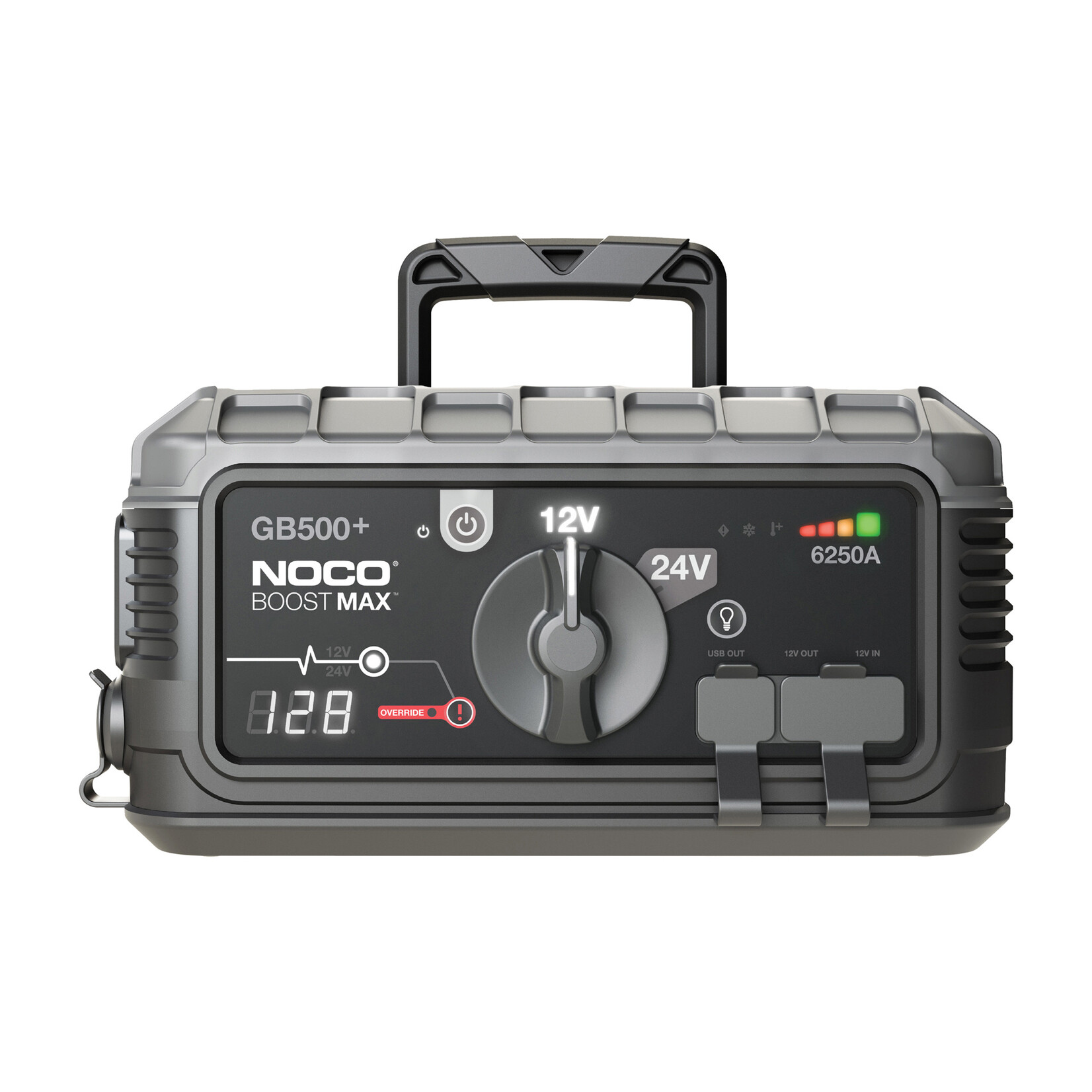 NOCO 6.250-amps 12/24 Volt jump starter pack for lithium-ion battery. Spark-proof connections and reverse polarity protection. Power source for recharging USB and 12V devices. LED light with 7 modes.
